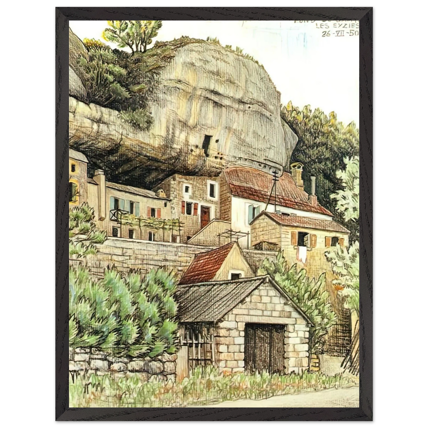 MC Escher - LES EYZIES FRANCE Wall Art - 30x40 cm / 12x16 inches - Premium Wooden Framed Poster With Fine Art Paper - Black frame