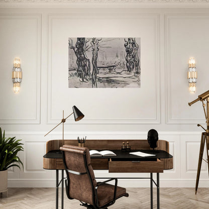 Garden of the Asylum and Tree Trunks and a Stone Bench - Vincent van Gogh Brushed Aluminum Print - 70x100 cm / 28x40 inches | Vincent van Gogh Aluminum Print | Vincent van Gogh Prints