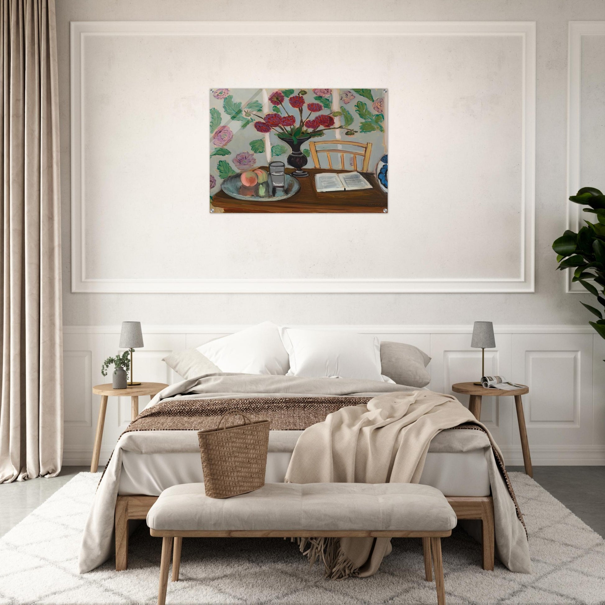 STILL LIFE BOUQUET OF DAHLIAS AND WHITE BOOK 1923 - Henri Matisse Acrylic Print - 70x100 cm / 28x40″ inches | Henri Matisse Wall Art | Henri Matisse Prints