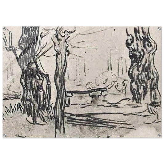 Garden of the Asylum and Tree Trunks and a Stone Bench - Vincent van Gogh Acrylic Print - 70x100 cm / 28x40″ inches | Vincent van Gogh Wall Art | Vincent van Gogh Prints