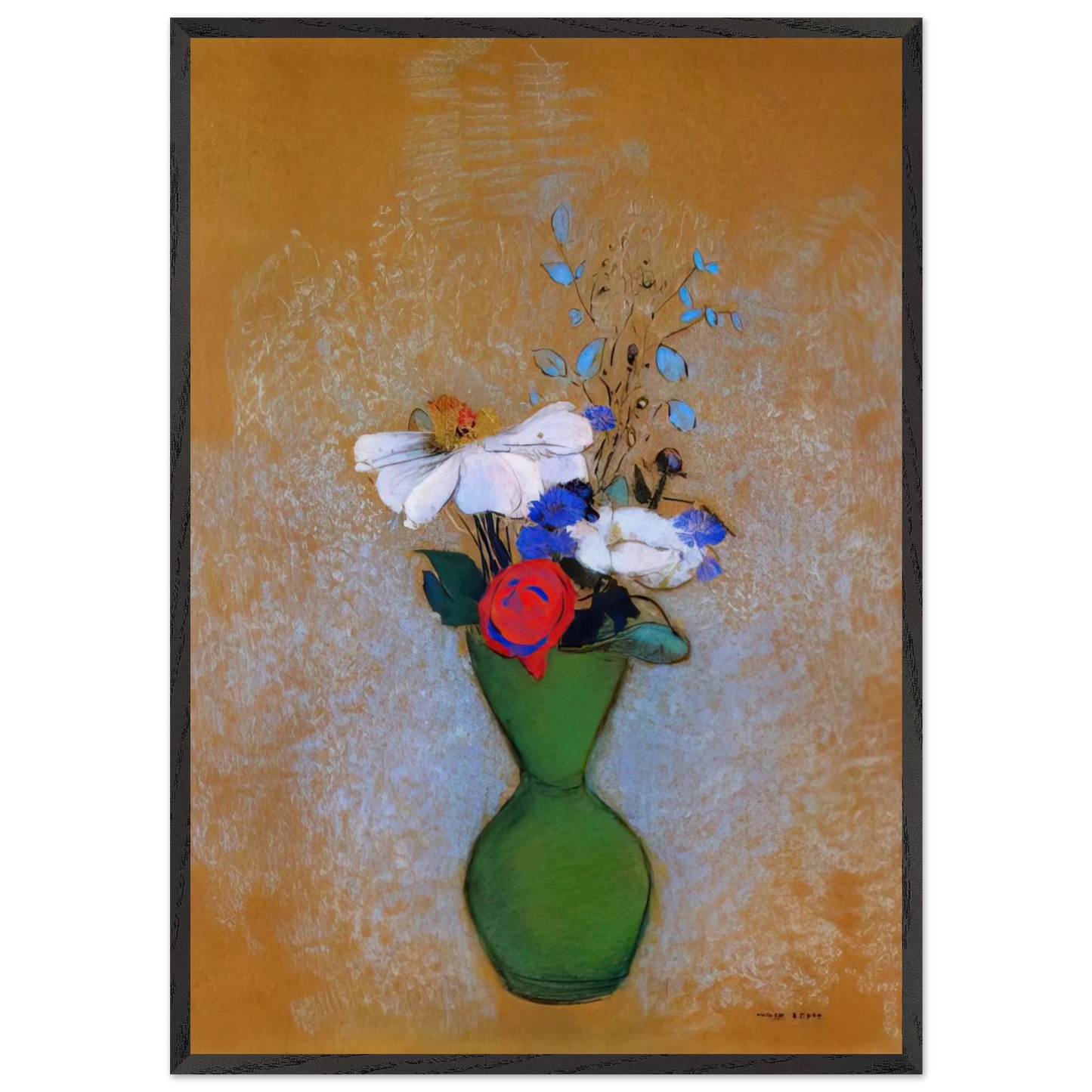ROSE PEONY AND CORNFLOWERS IN A GREEN VASE - Odilon Redon Framed Art Print – Black Wooden Frame - Default Title - -Framed Art Print