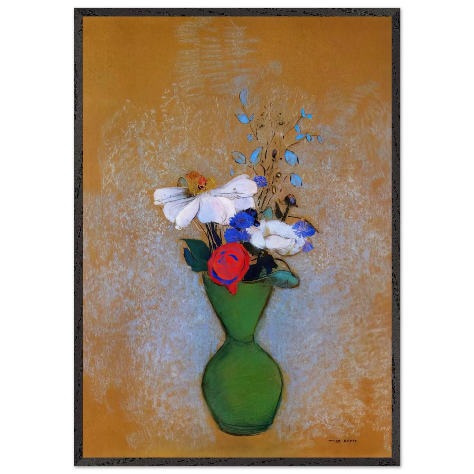 ROSE PEONY AND CORNFLOWERS IN A GREEN VASE - Odilon Redon Framed Art Print – Black Wooden Frame - Default Title - -Framed Art Print