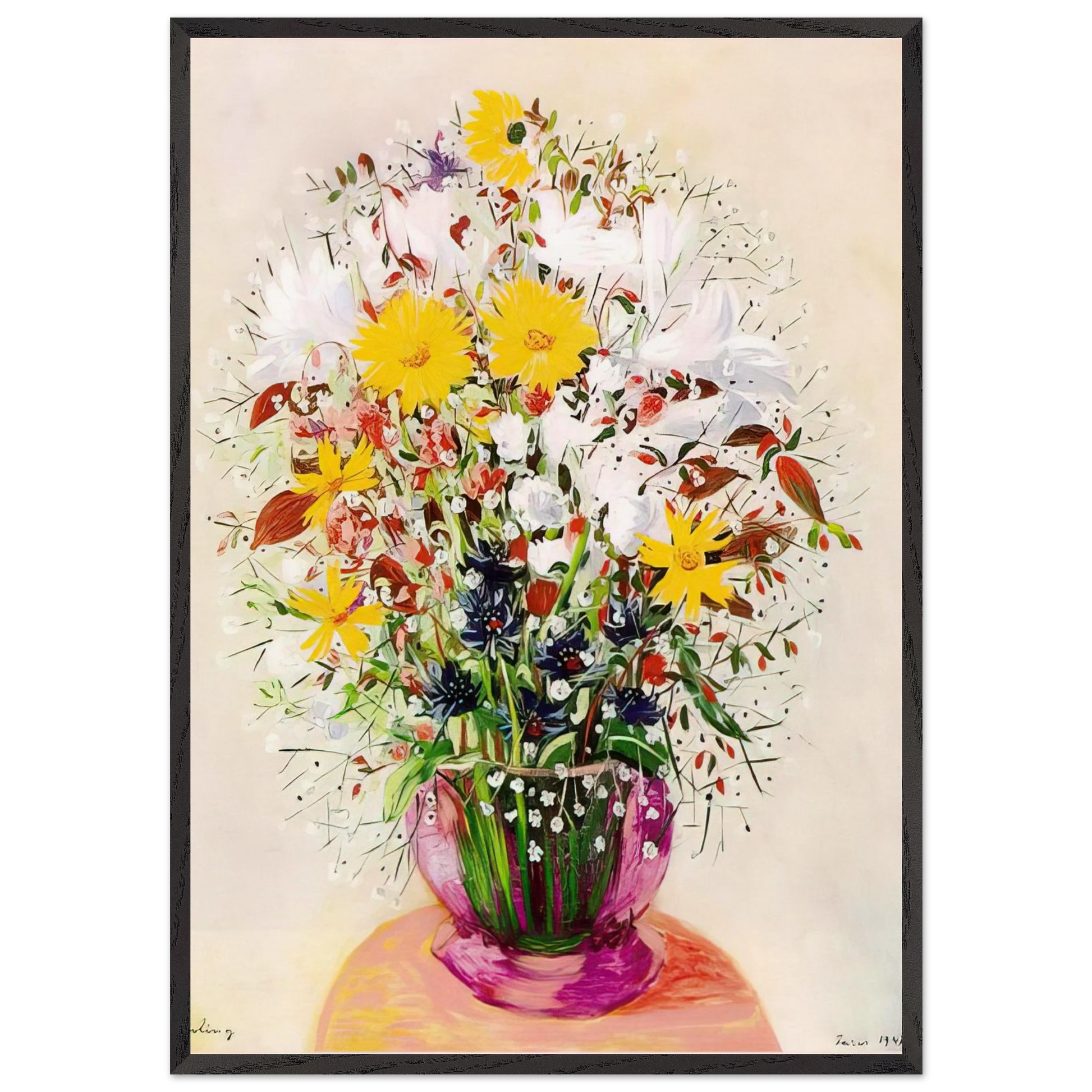 BOUQUET OF FLOWERS N2 - Moise Kisling Framed Art Print – Black Wooden Frame - Default Title - -Framed Art Print