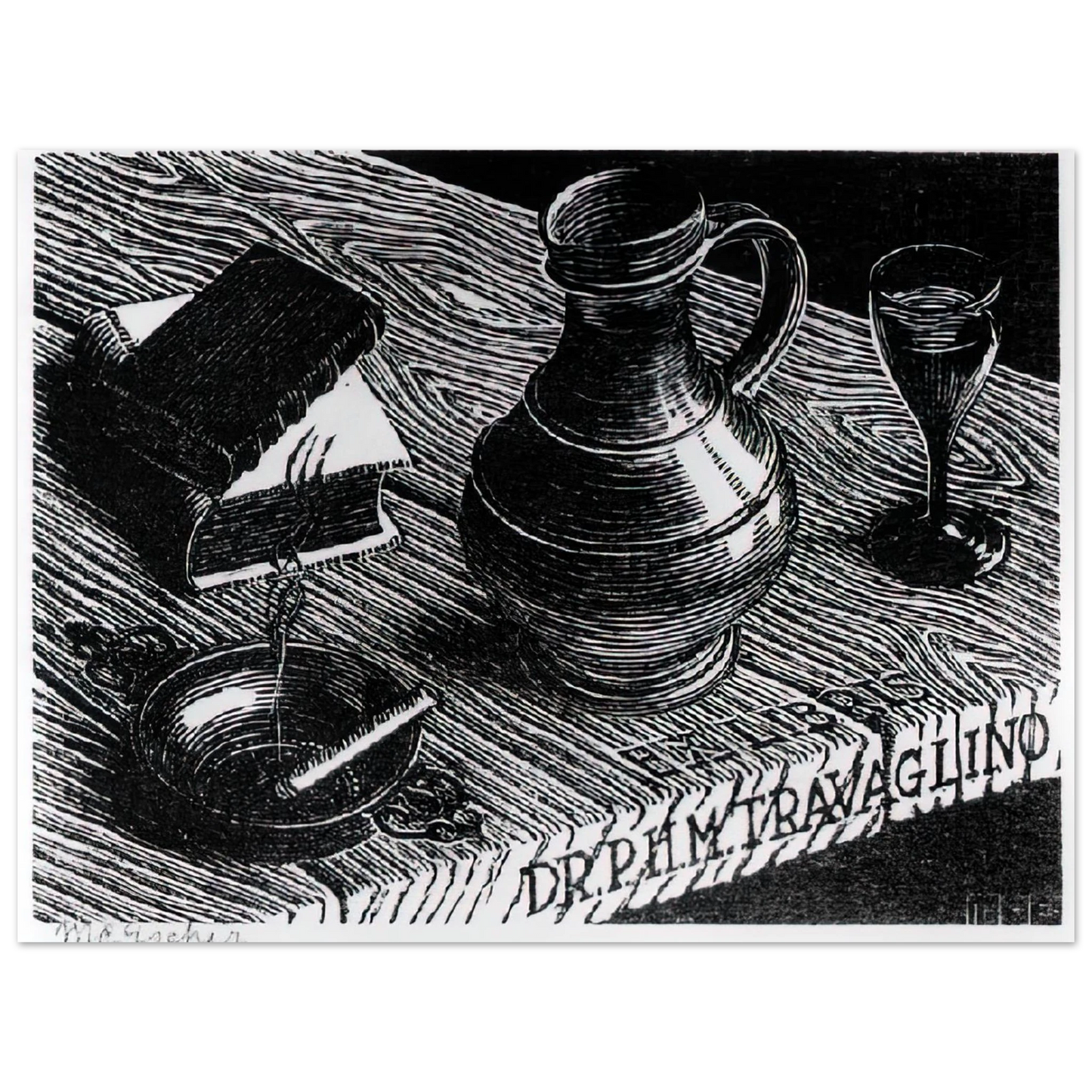 MC Escher - BOOKPLATE DR P H M TRAVAGLINO Wall Art - 21x29.7 cm / 8x12" - Fine Art Poster - -