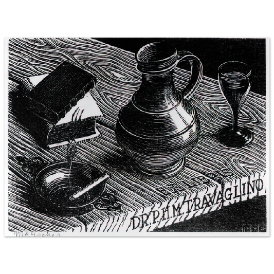 MC Escher - BOOKPLATE DR P H M TRAVAGLINO Wall Art - 21x29.7 cm / 8x12" - Fine Art Poster - -