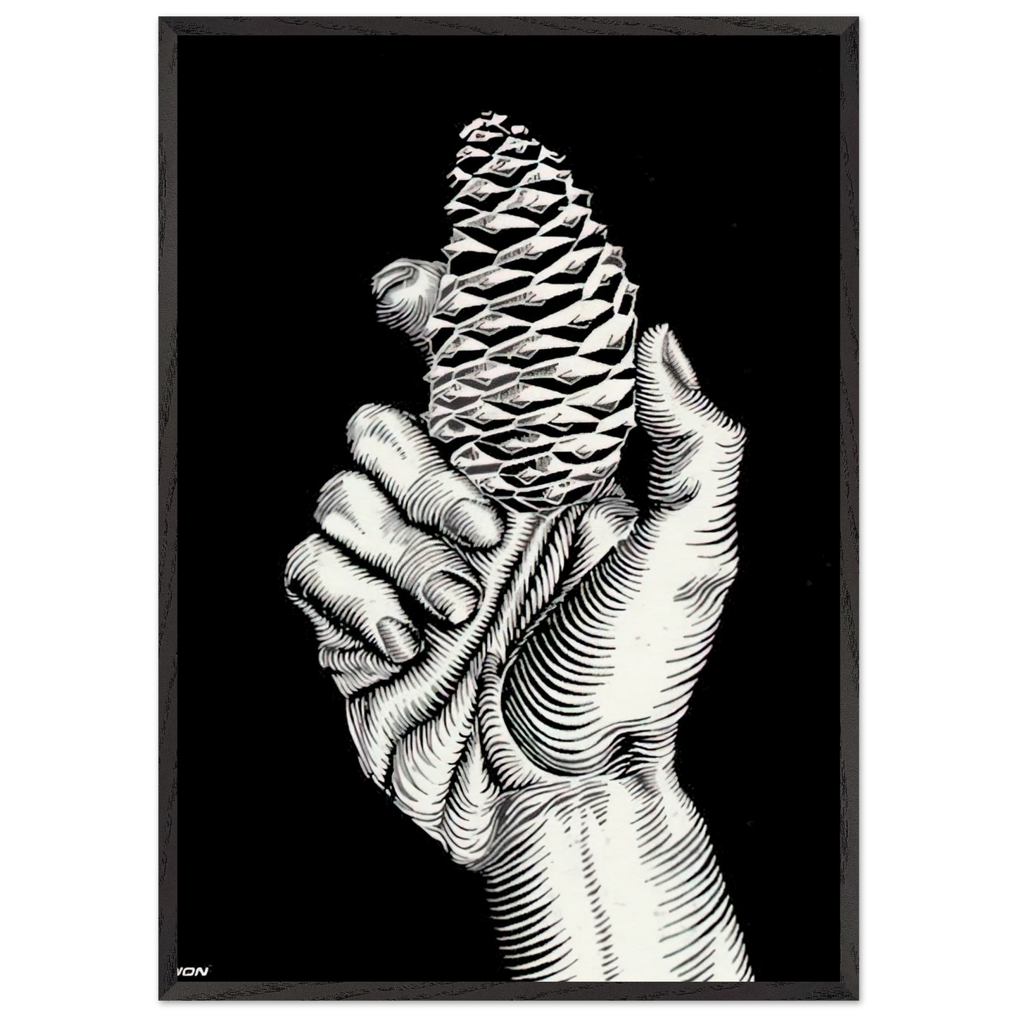 HAND WITH FIR CONE - MC Escher Framed Art Print – Black Wooden Frame - Default Title - -Framed Art Print