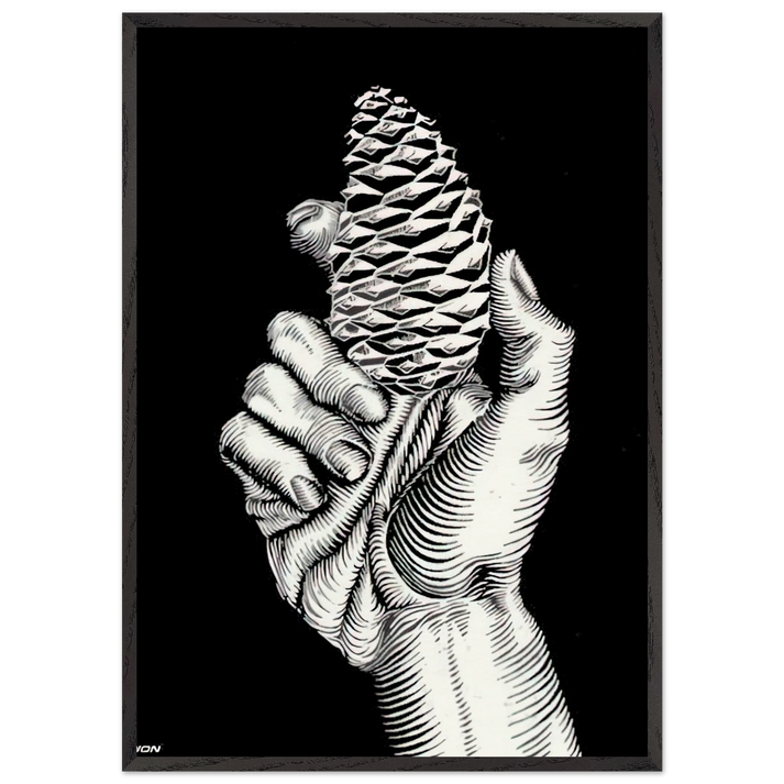 HAND WITH FIR CONE - MC Escher 70x100 cm / 28x40 inches Framed Art Print – Black Wooden Frame | Maurits Cornelis Escher Prints