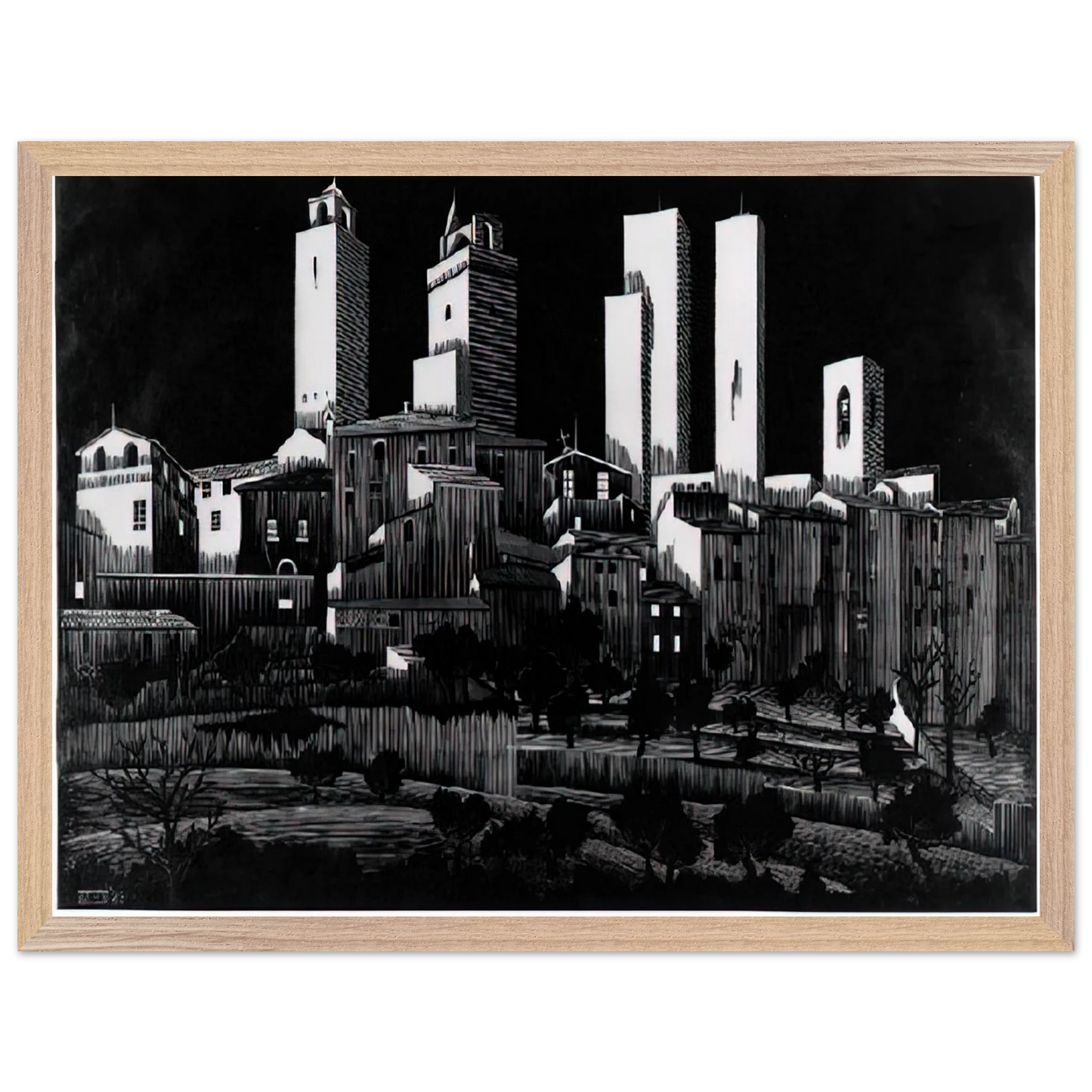 MC Escher - SAN GIMIGNANO Wall Art - 21x29.7 cm / 8x12" - Premium Wooden Framed Poster With Fine Art Paper - White frame