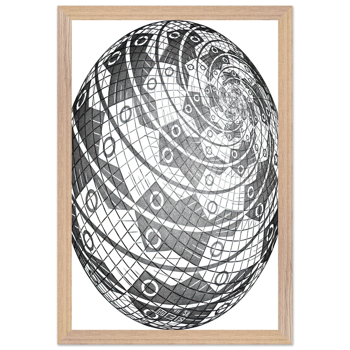 MC Escher - SPHERE SURFACE WITH FISHES Wall Art - 30x40 cm / 12x16 inches - Premium Wooden Framed Poster With Fine Art Paper - Black frame