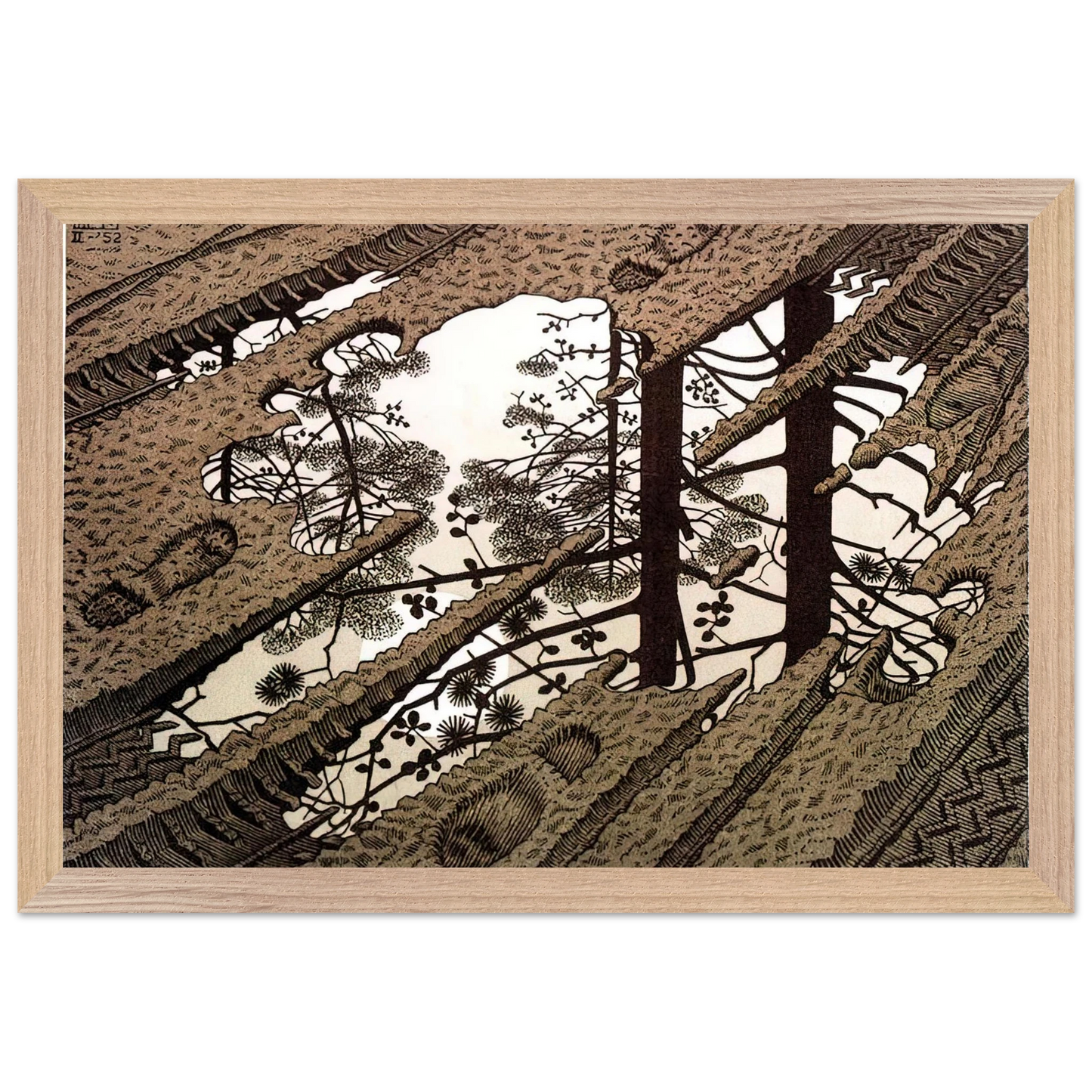 MC Escher - PUDDLE Wall Art - 60x80 cm / 24x32 inches - Premium Wooden Framed Poster With Fine Art Paper - Black frame