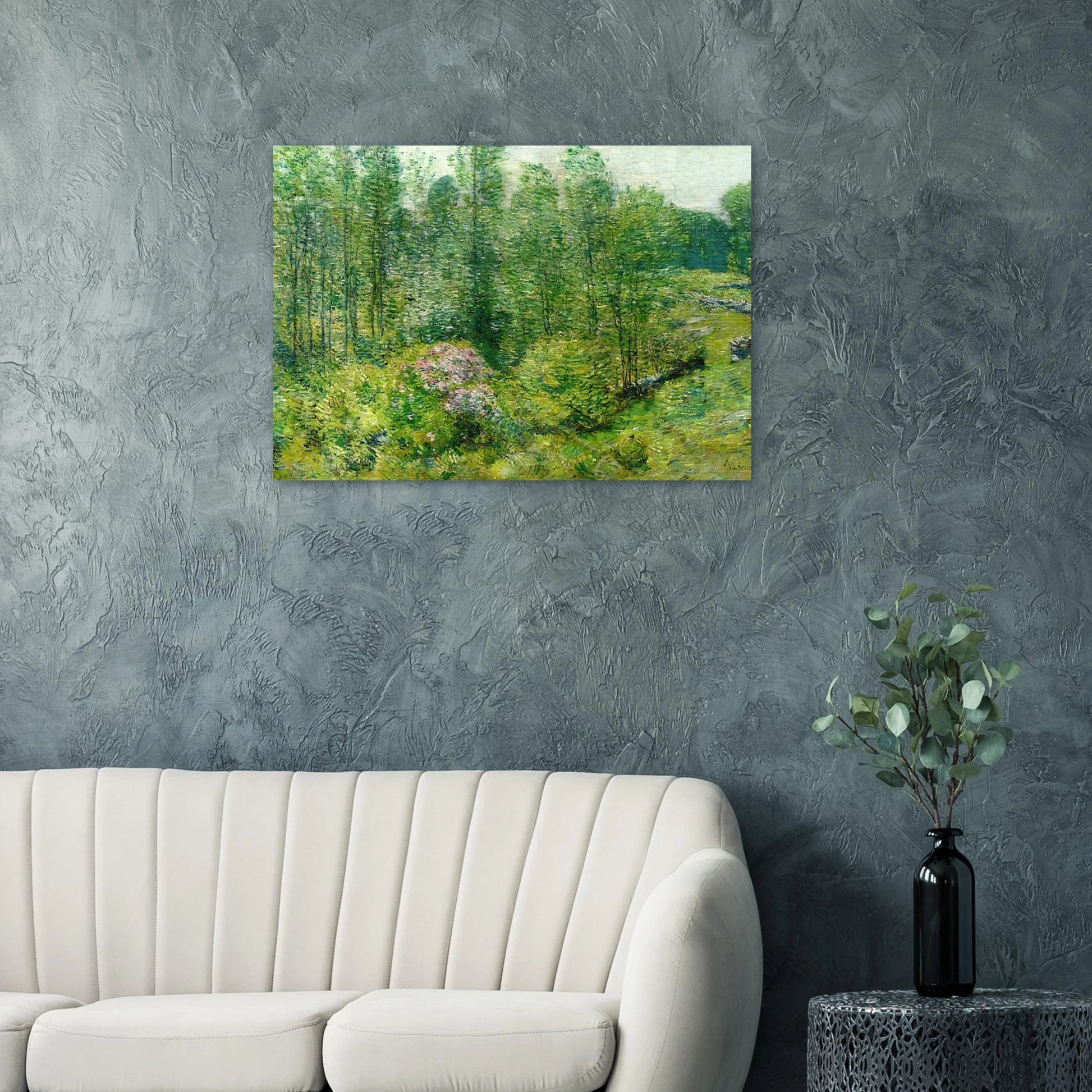 Spring Landscape with a Farmer and White Horse - Childe Hassam Brushed Aluminum Print - 70x100 cm / 28x40 inches | Childe Hassam Aluminum Print | Childe Hassam Prints