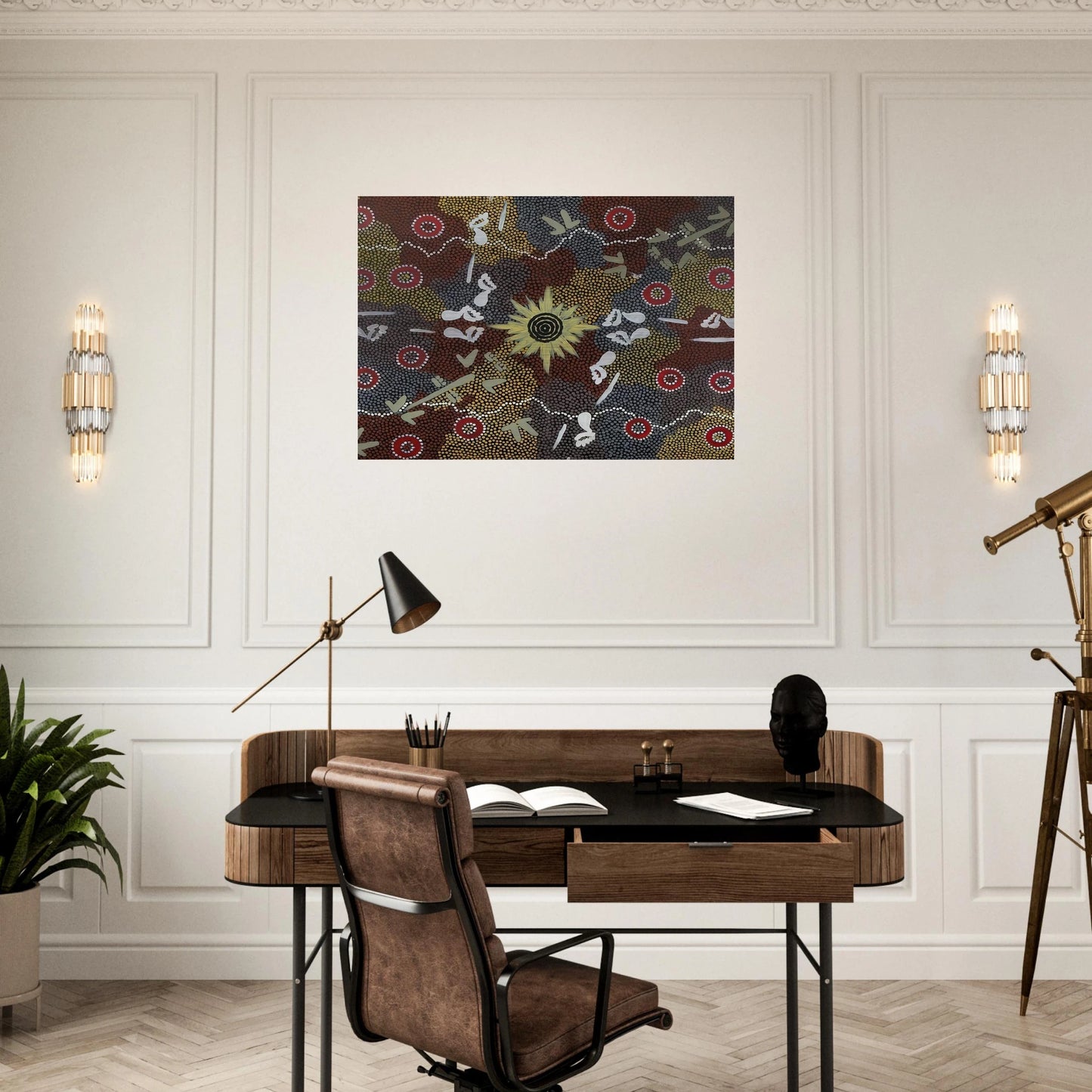 Frog and Kangaroo Dreaming - Native Art - Clifford Possum Tjapaltjarri Brushed Aluminum Print - 70x100 cm / 28x40 inches | Clifford Possum Tjapaltjarri Aluminum Print | Clifford Possum Tjapaltjarri Prints