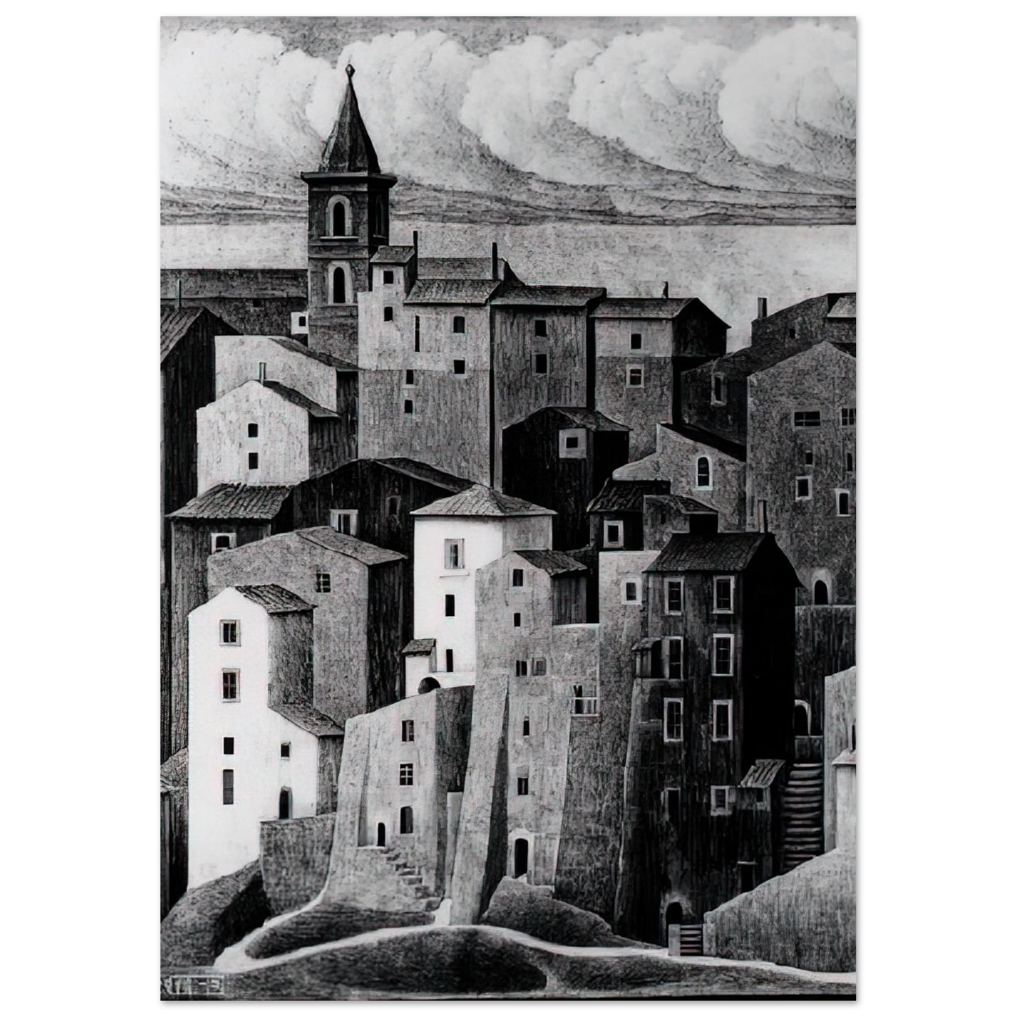 MC Escher - GENAZZANO ABRUZZI NOVEMBER 1929 1929 Wall Art - 60x80 cm / 24x32 inches - Premium Wooden Framed Poster With Fine Art Paper - Wood frame