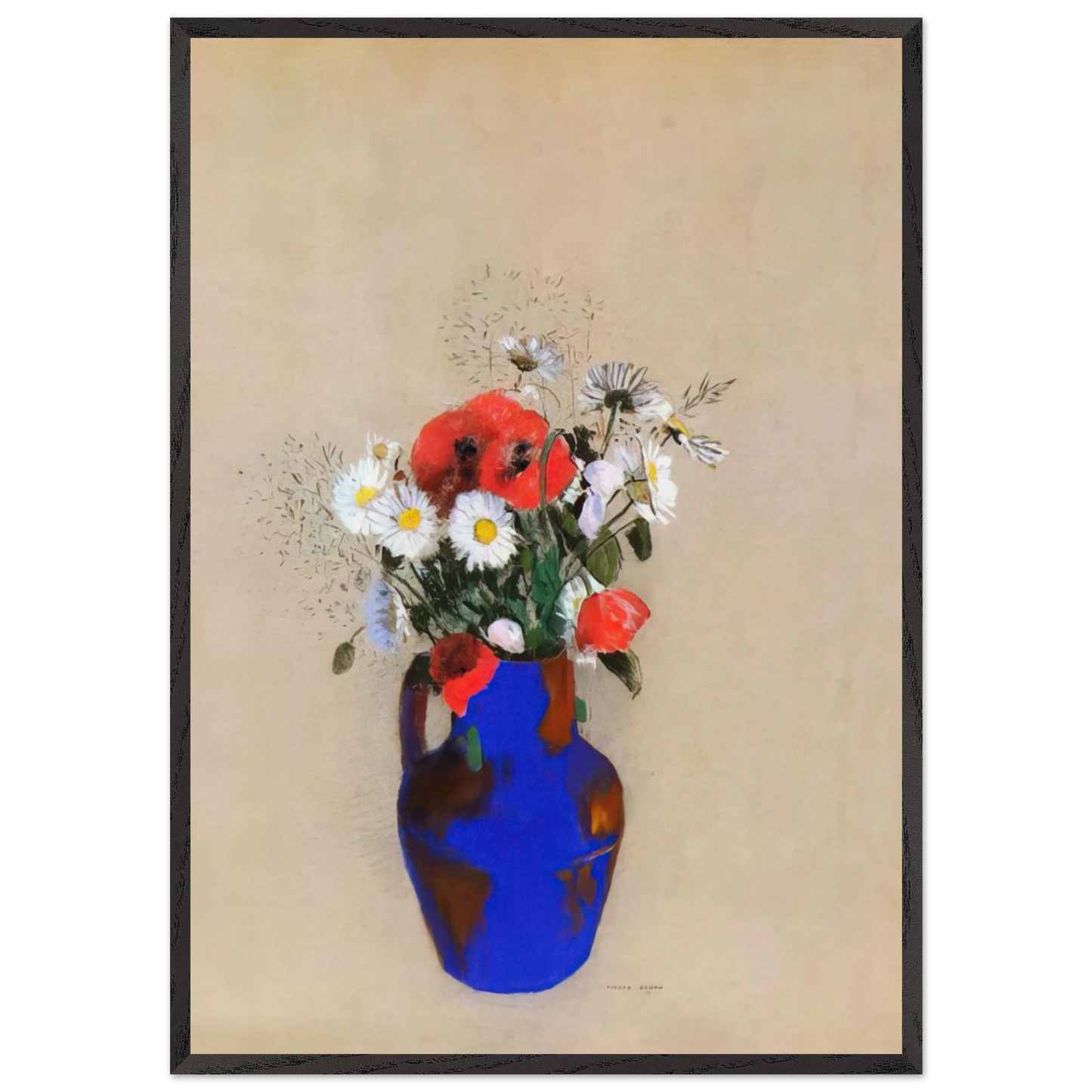 POPPIES AND DAISIES IN A BLUE VASE - Odilon Redon Framed Art Print – Black Wooden Frame - Default Title - -Framed Art Print