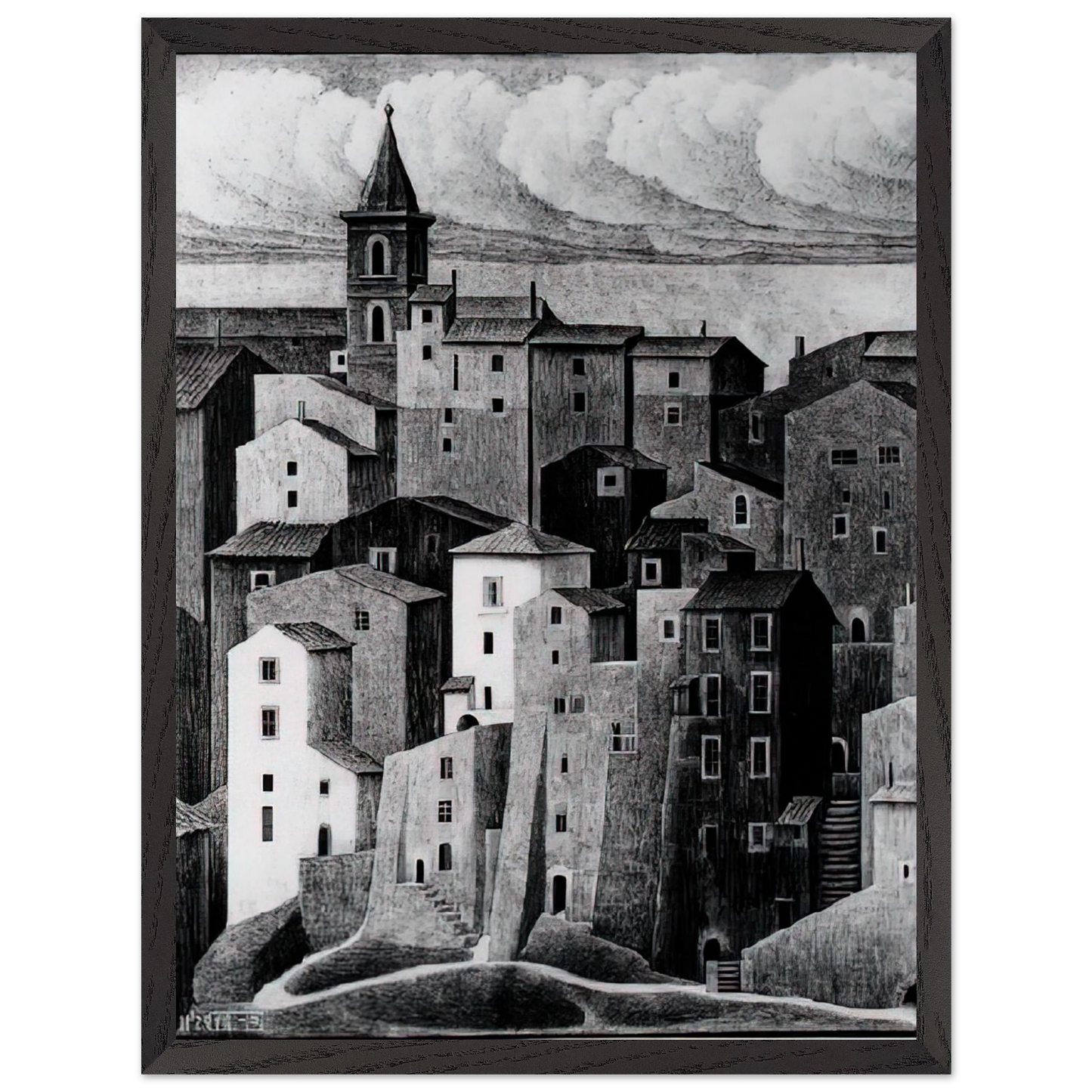 MC Escher - GENAZZANO ABRUZZI NOVEMBER 1929 1929 Wall Art - 30x40 cm / 12x16 inches - Premium Wooden Framed Poster With Fine Art Paper - White frame
