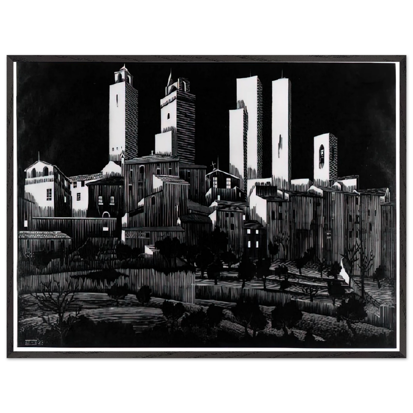 MC Escher - SAN GIMIGNANO Wall Art - 21x29.7 cm / 8x12" - Premium Wooden Framed Poster With Fine Art Paper - Black frame