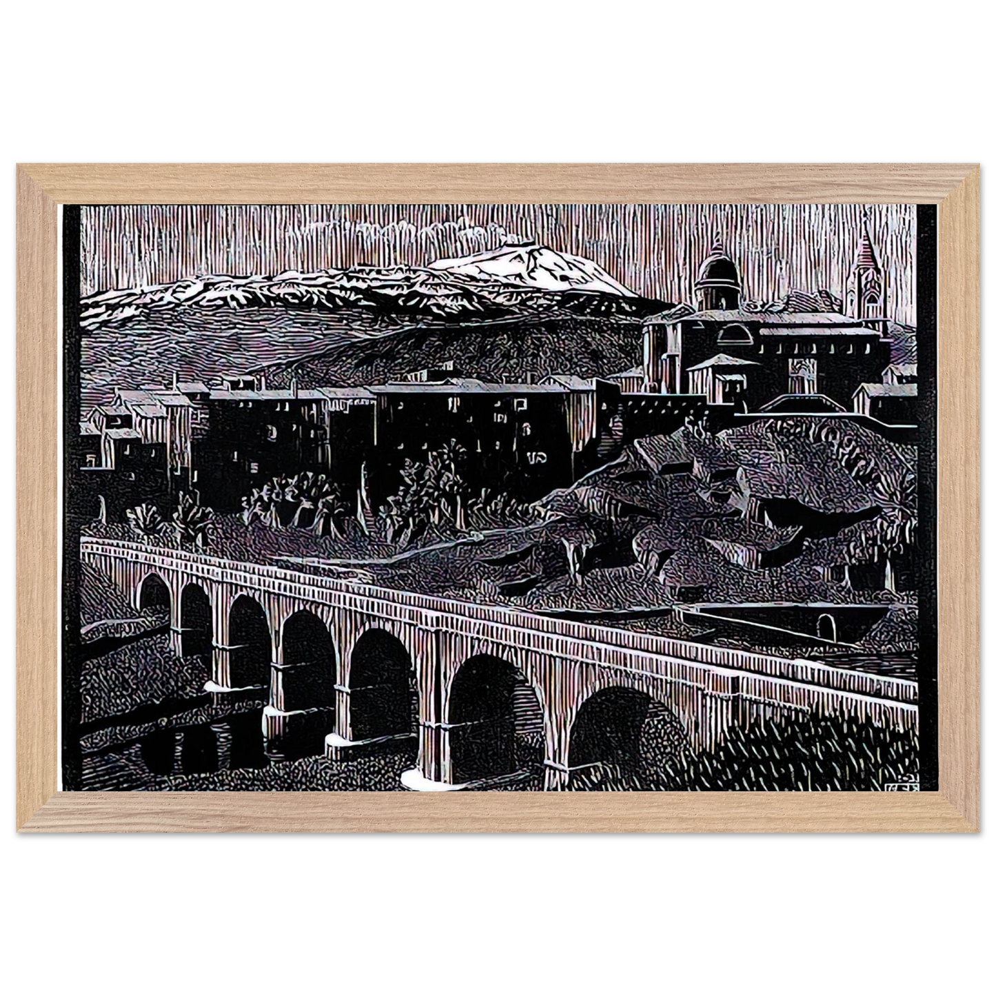 MC Escher - RANDAZZO AND MOUNT ETNA SICILY JANUARY 1933 1933 Wall Art - 30x40 cm / 12x16 inches - Premium Wooden Framed Poster With Fine Art Paper - Black frame
