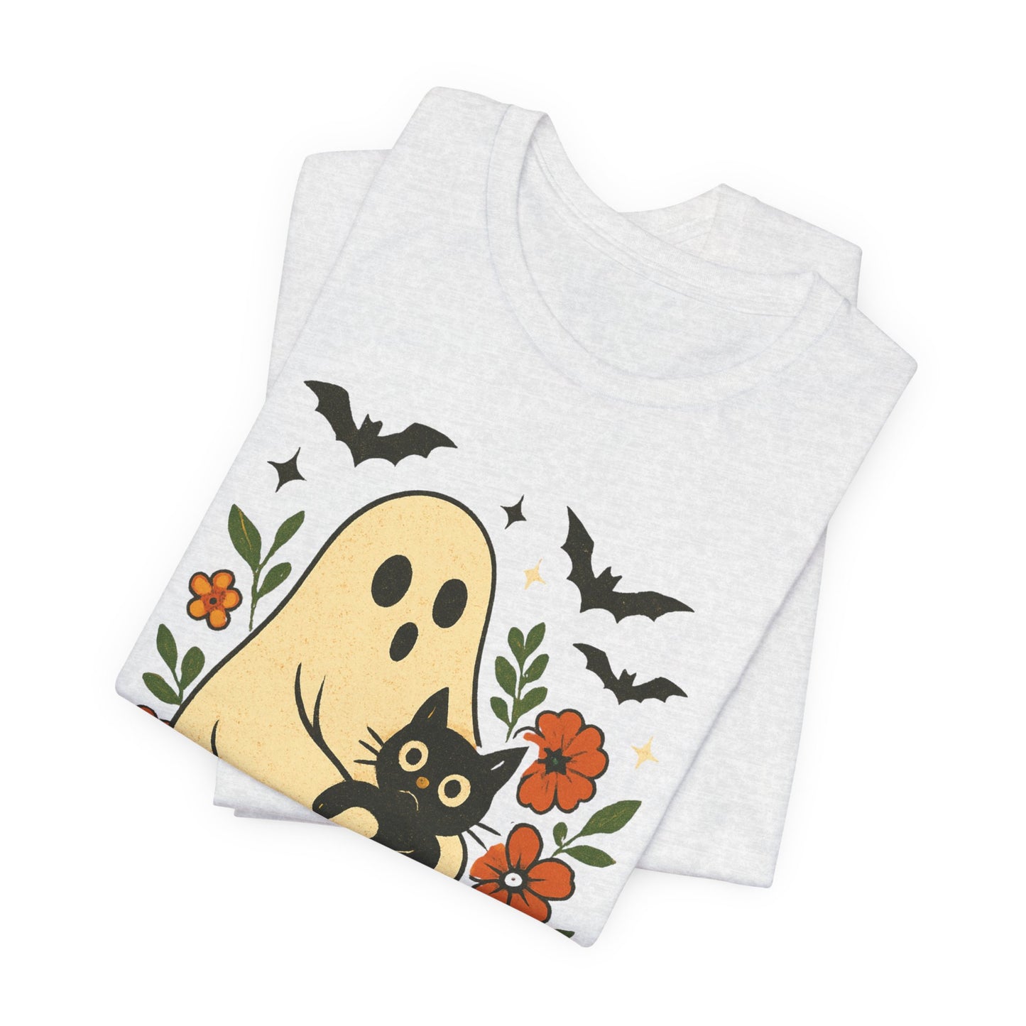 Fantasma Spettrale che tiene un Gatto Nero Fiori Groovy Halloween