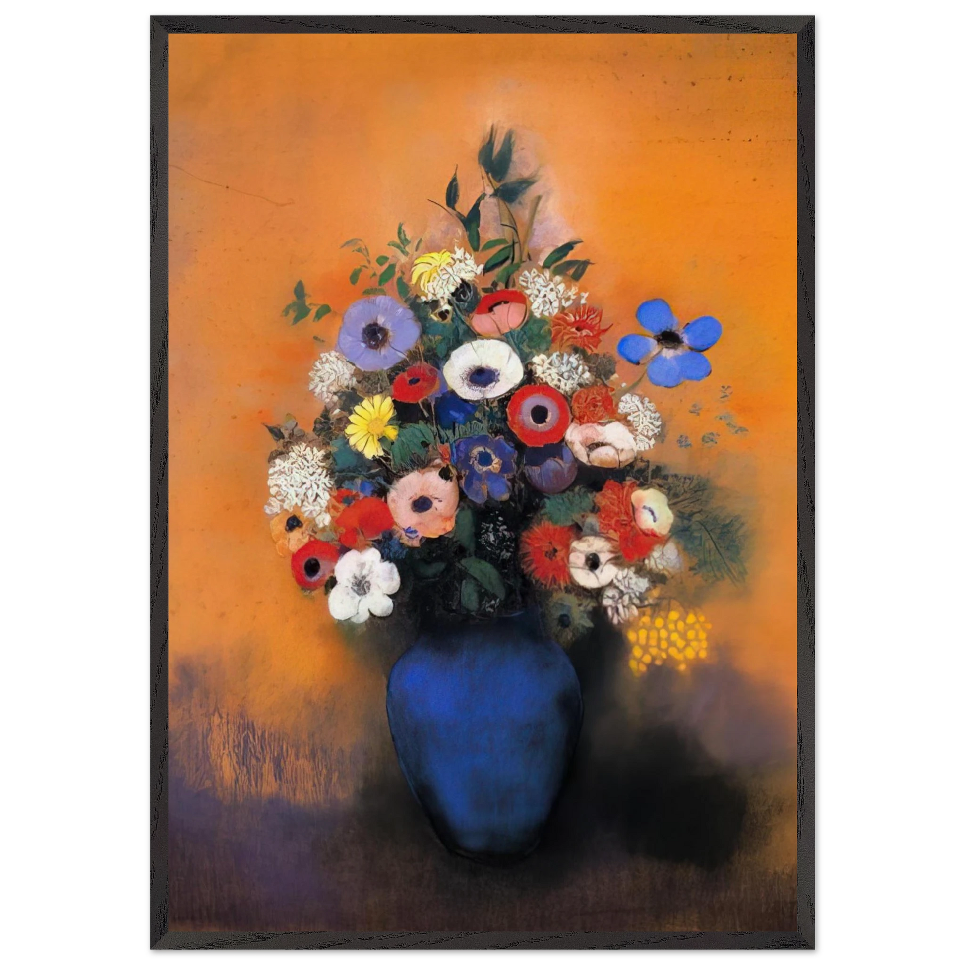 MINOSAS ANEMONIES AND LEAVES IN A BLUE VASE - Odilon Redon Framed Art Print – Black Wooden Frame - Default Title - -Framed Art Print