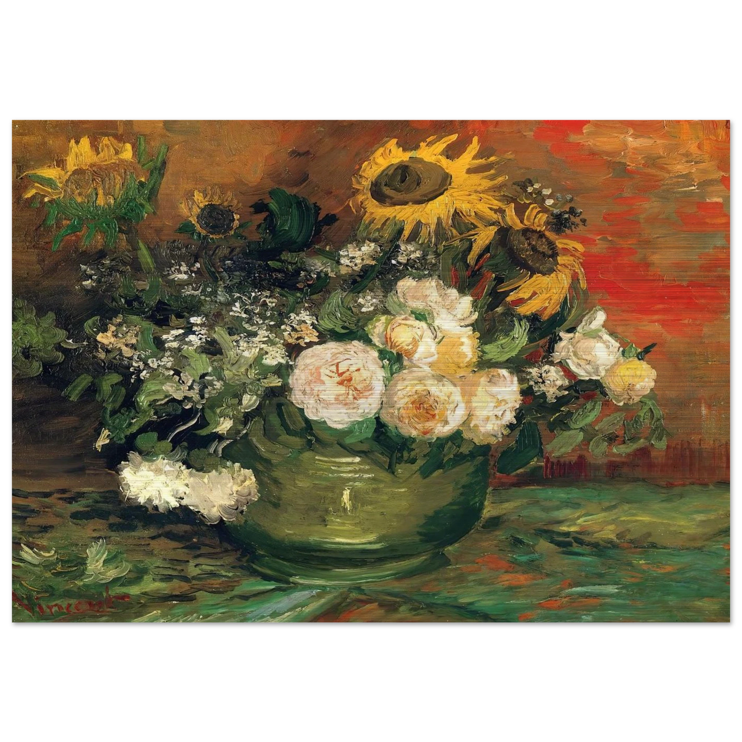 Still Life with Roses and Sunflowers - Vincent van Gogh Brushed Aluminum Print - 70x100 cm / 28x40 inches | Vincent van Gogh Aluminum Print | Vincent van Gogh Prints