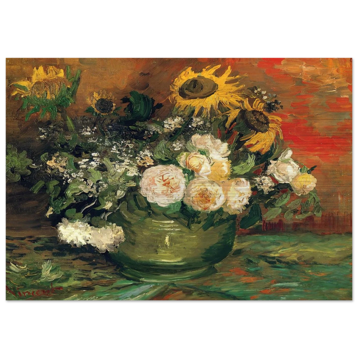 Still Life with Roses and Sunflowers - Vincent van Gogh Brushed Aluminum Print - 70x100 cm / 28x40 inches | Vincent van Gogh Aluminum Print | Vincent van Gogh Prints
