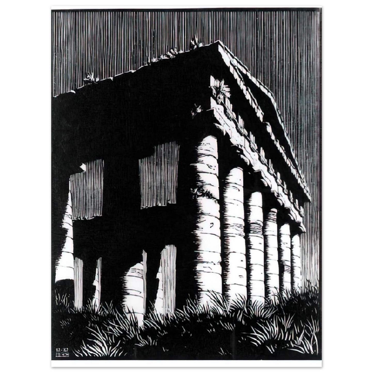 MC Escher - TEMPLE OF SEGESTE SICILY Wall Art - 60x80 cm / 24x32 inches - Premium Wooden Framed Poster With Fine Art Paper - White frame