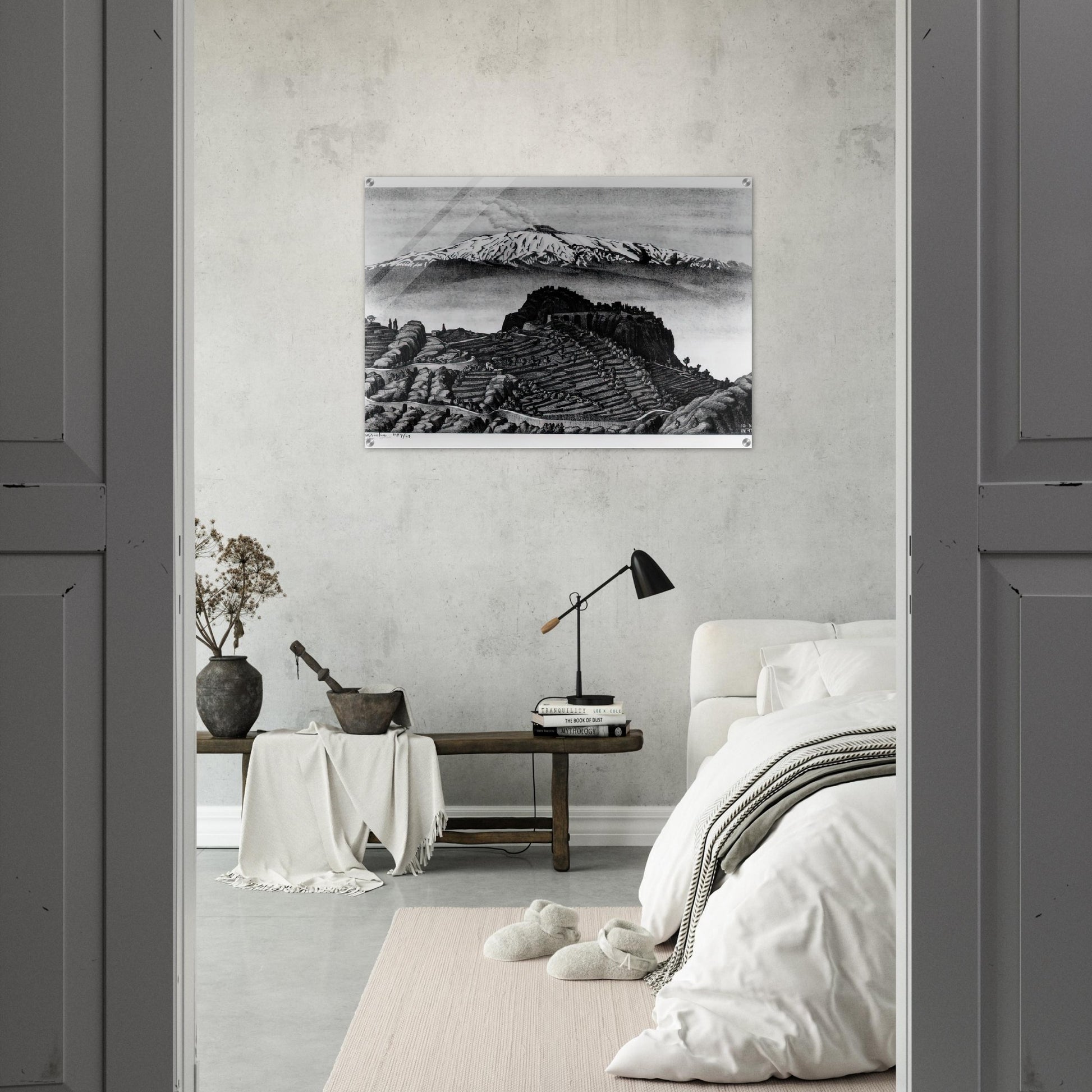CASTEL MOLA AND MOUNT ETNA SICILY DECEMBER 1932 1932 - MC Escher Acrylic Print - 70x100 cm / 28x40″ inches | MC Escher Wall Art | MC Escher Prints