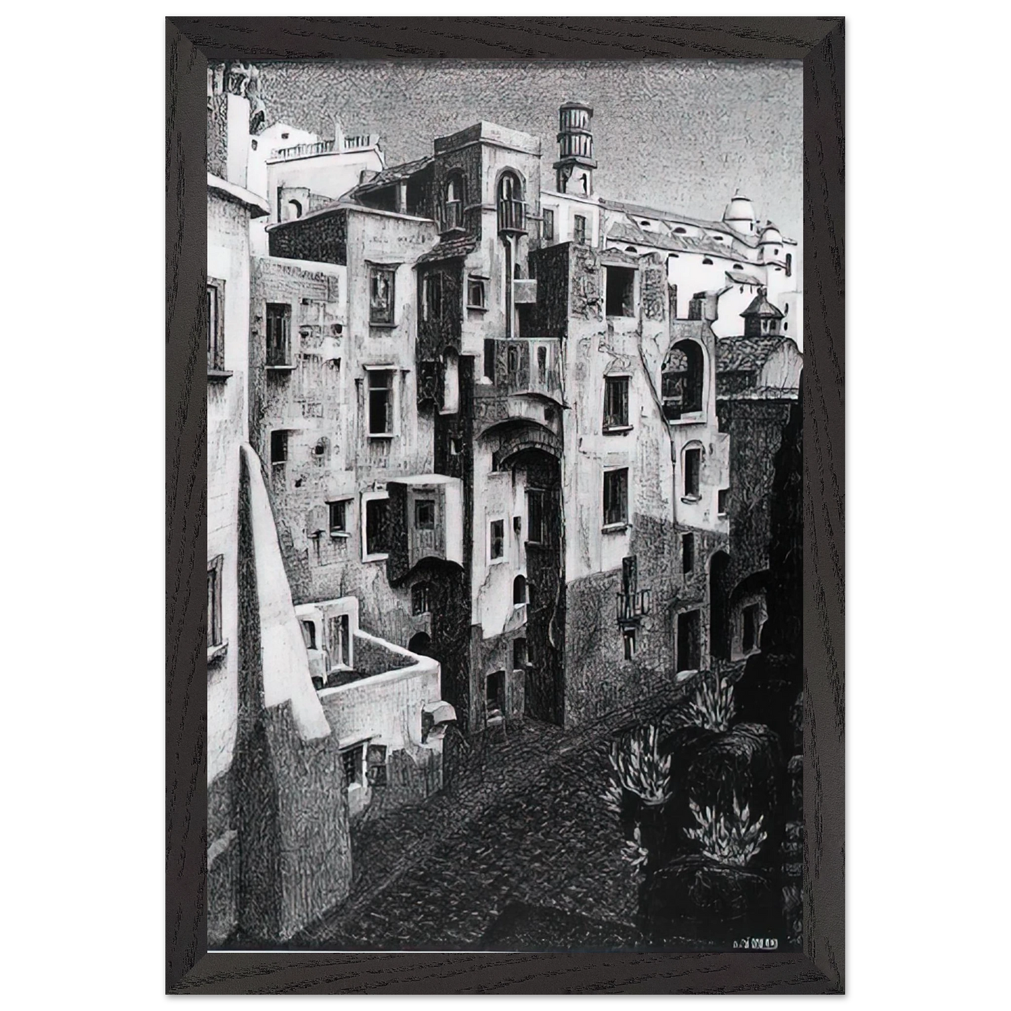 MC Escher - DILAPIDATED HOUSES IN ATRANI 1931 Wall Art - 60x80 cm / 24x32 inches - Premium Wooden Framed Poster With Fine Art Paper - White frame