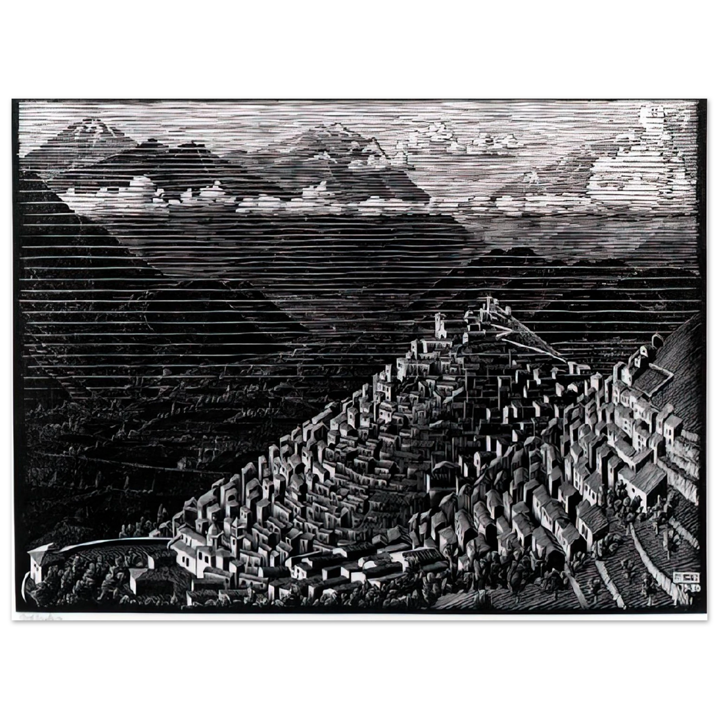 MC Escher - MORANO CALABRIA Wall Art - 21x29.7 cm / 8x12" - Premium Wooden Framed Poster With Fine Art Paper - Wood frame