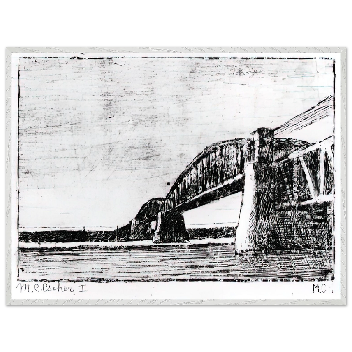 MC Escher - RAILWAY BRIDGE OOSTERBEEK Wall Art - 30x40 cm / 12x16 inches - Premium Wooden Framed Poster With Fine Art Paper - Black frame