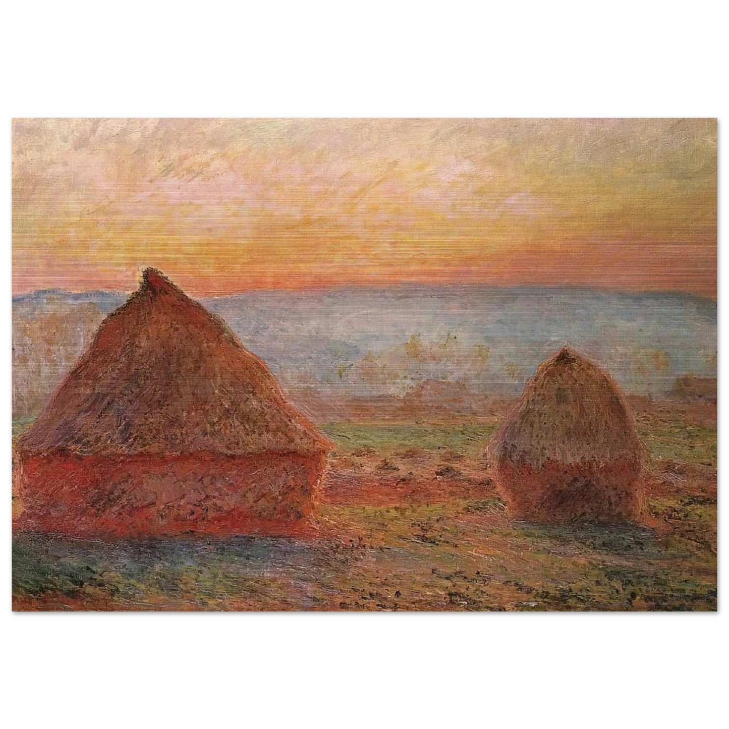 Grainstacks at Giverny, Sunset - claude monet Brushed Aluminum Print - 70x100 cm / 28x40 inches | claude monet Aluminum Print | claude monet Prints