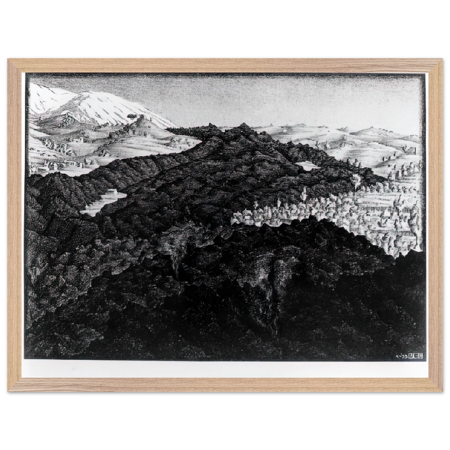 MC Escher - LAVA FLOW FROM ETNA Wall Art - 30x40 cm / 12x16 inches - Premium Wooden Framed Poster With Fine Art Paper - Wood frame