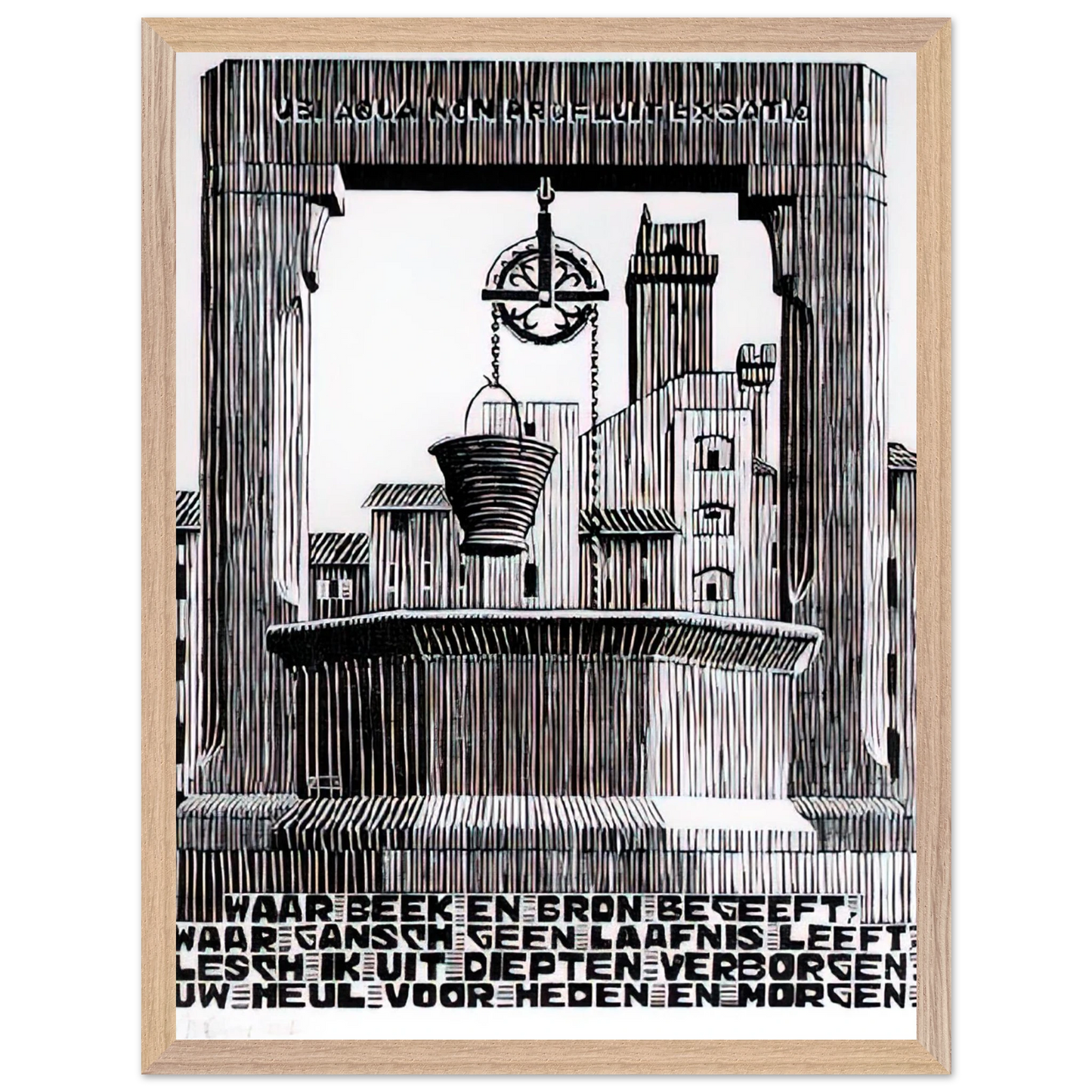 MC Escher - EMBLEMATA WELL Wall Art - 21x29.7 cm / 8x12" - Premium Wooden Framed Poster With Fine Art Paper - Wood frame