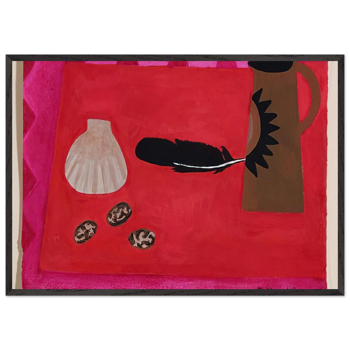 Red Table Brown Jug - 2009 - Mary Fedden 70x100 cm / 28x40 inches Framed Art Print – Black Wooden Frame