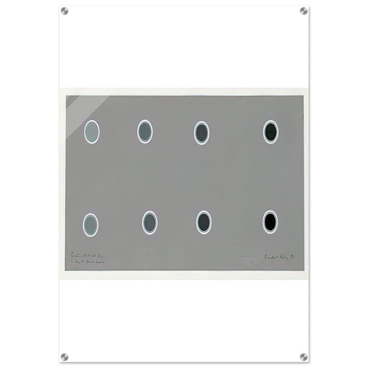 ENCIRCLING DISCS WITH GREY IN GREY TO BLACK SEQUENCE 1970 - Bridget Riley Acrylic Print - 70x100 cm / 28x40″ inches