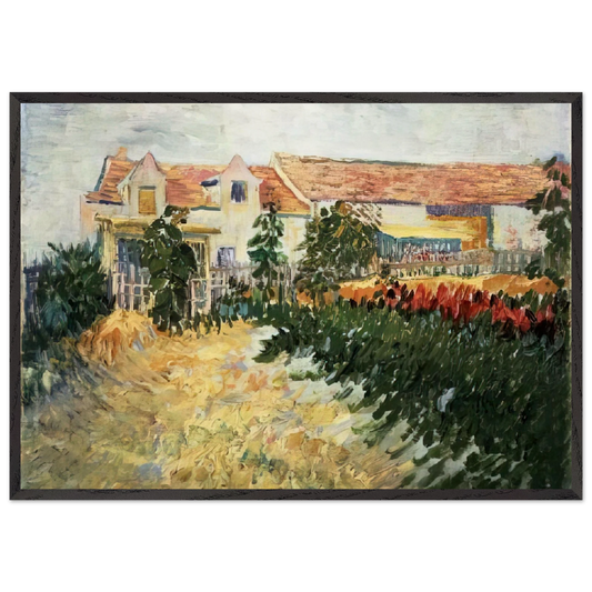 House with sunflowers - Vincent van Gogh 70x100 cm / 28x40 inches Framed Art Print – Black Wooden Frame