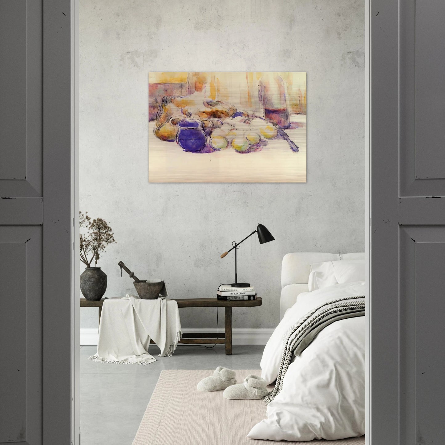 Blue Pot and Bottle of Wine - Paul Cézanne Brushed Aluminum Print - 70x100 cm / 28x40 inches | Paul Cézanne Aluminum Print | Paul Cézanne Prints