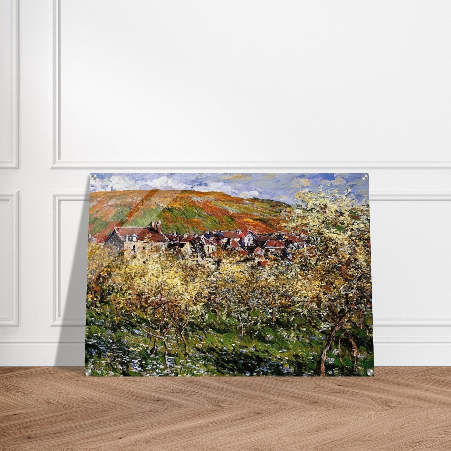 Plum Trees in Blossom at Vetheuil - claude monet Acrylic Print - 70x100 cm / 28x40″ inches | claude monet Wall Art | claude monet Prints