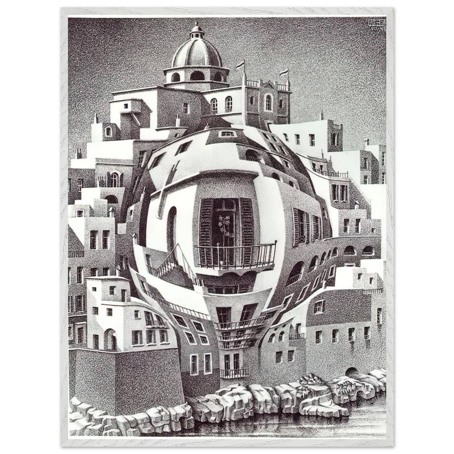 MC Escher - BALCONY Wall Art - 60x80 cm / 24x32 inches - Premium Wooden Framed Poster With Fine Art Paper - White frame