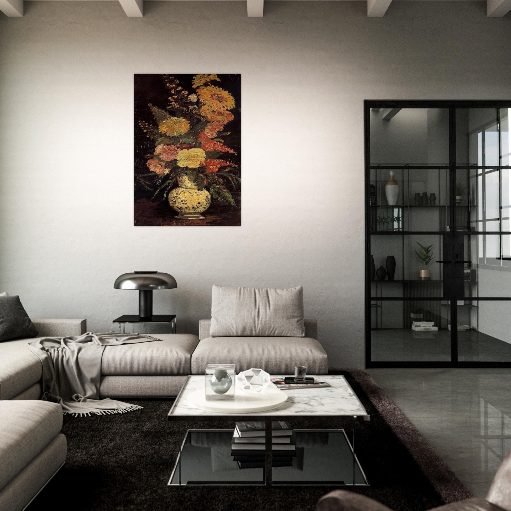 Vase with Asters, Salvia and Other Flowers - Vincent van Gogh Brushed Aluminum Print - 70x100 cm / 28x40 inches | Vincent van Gogh Aluminum Print | Vincent van Gogh Prints