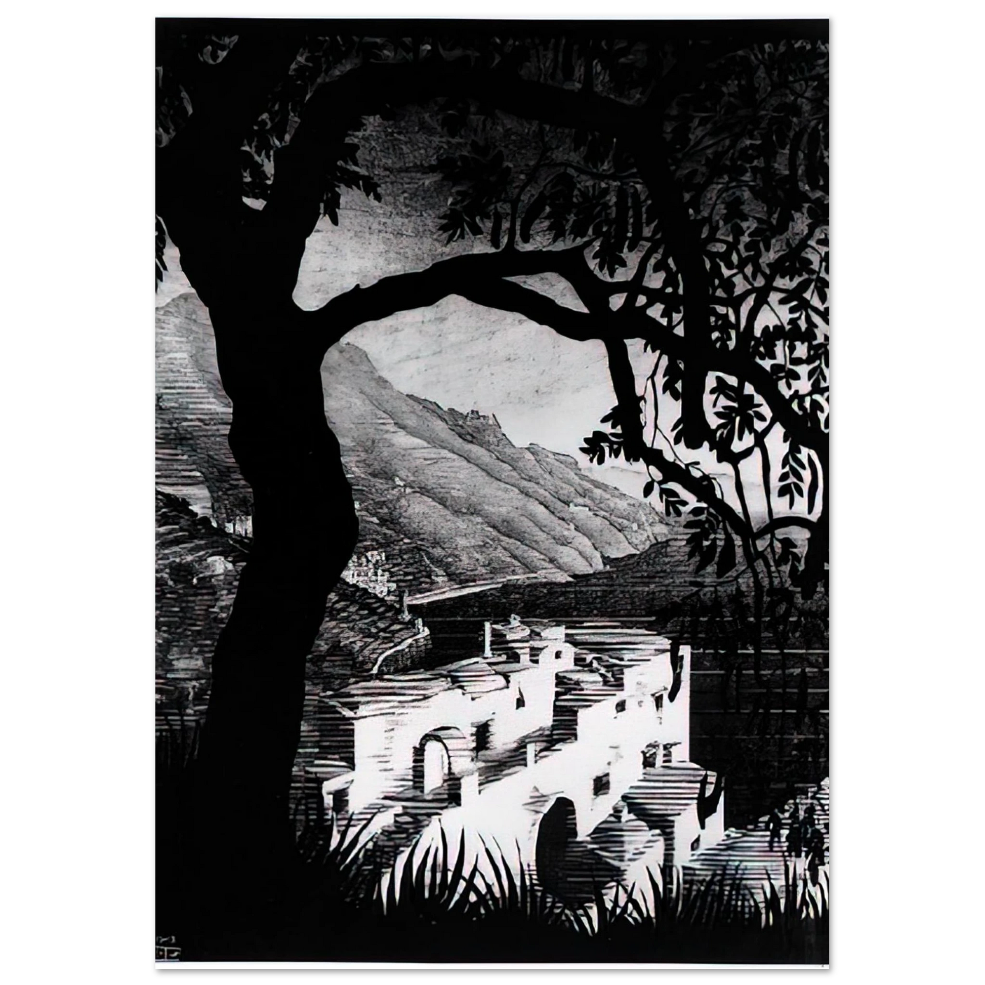 MC Escher - COAST OF AMALFI Wall Art - 60x80 cm / 24x32 inches - Premium Wooden Framed Poster With Fine Art Paper - Black frame