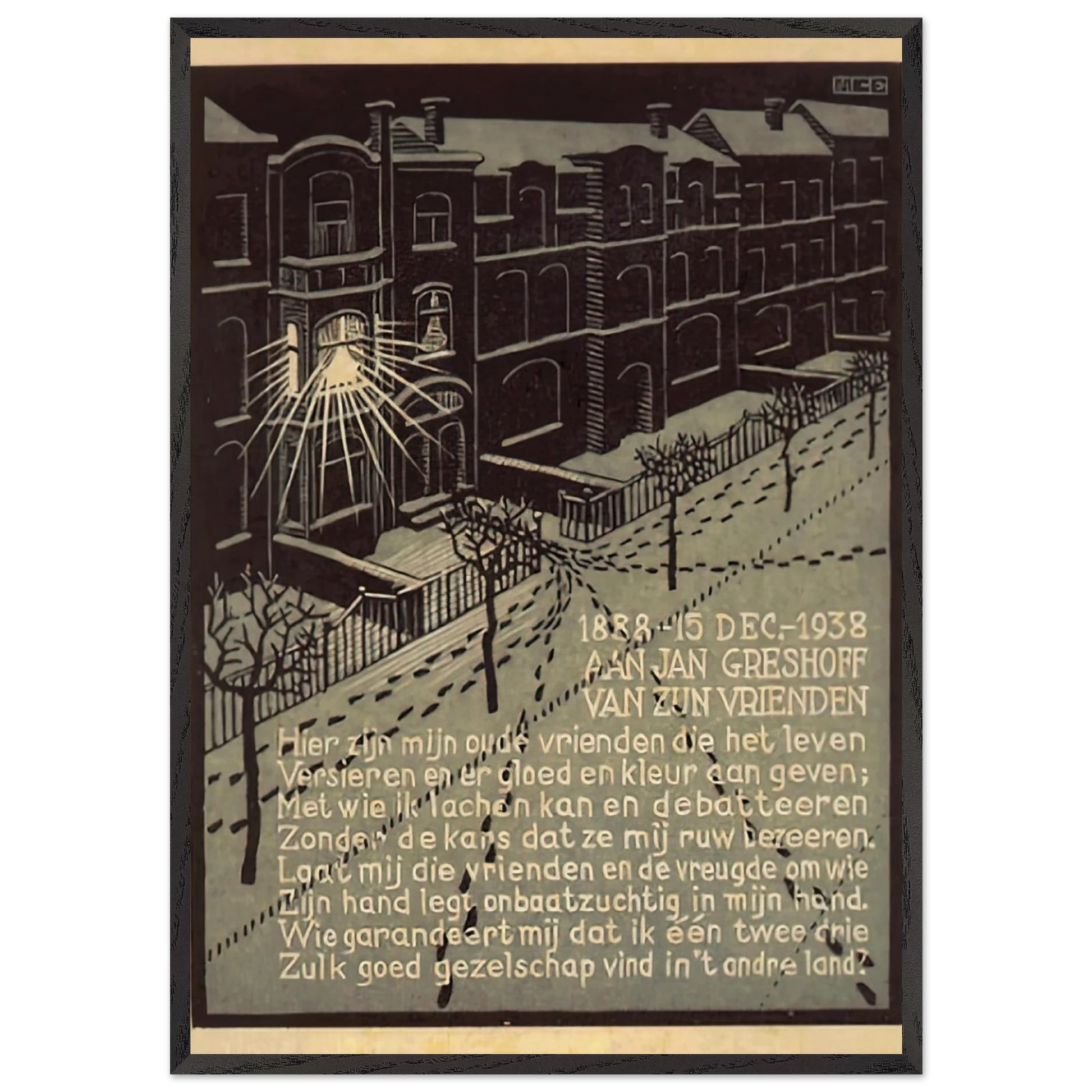 BIRTHDAY CARD FOR G GERSHOFF NOVEMBER 1938 1938 - MC Escher Framed Art Print – Black Wooden Frame - Default Title - -Framed Art Print