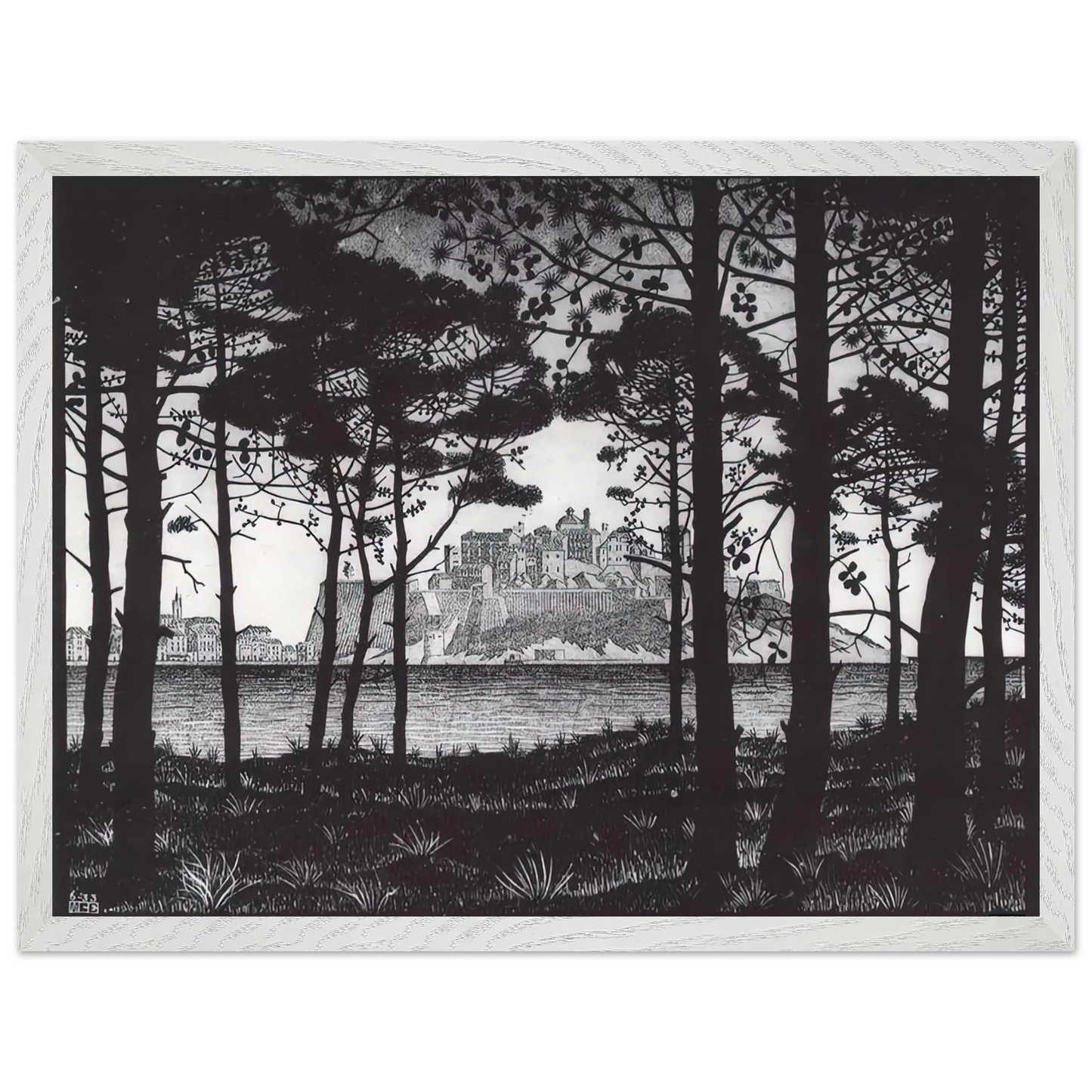 MC Escher - PINETA OF CALVI CORSICA Wall Art - 60x80 cm / 24x32 inches - Premium Wooden Framed Poster With Fine Art Paper - White frame