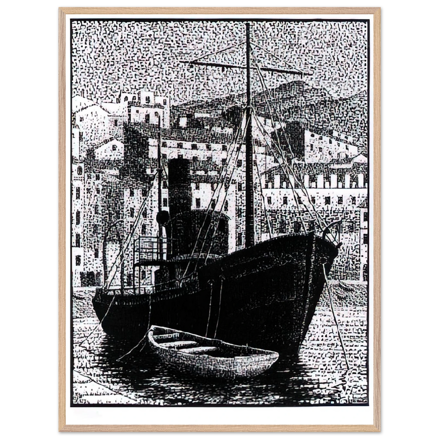 MC Escher - TUGBOAT OLD HARBOR OF BASTIA JANUARY 1934 1934 Wall Art - 21x29.7 cm / 8x12" - Premium Wooden Framed Poster With Fine Art Paper - Black frame