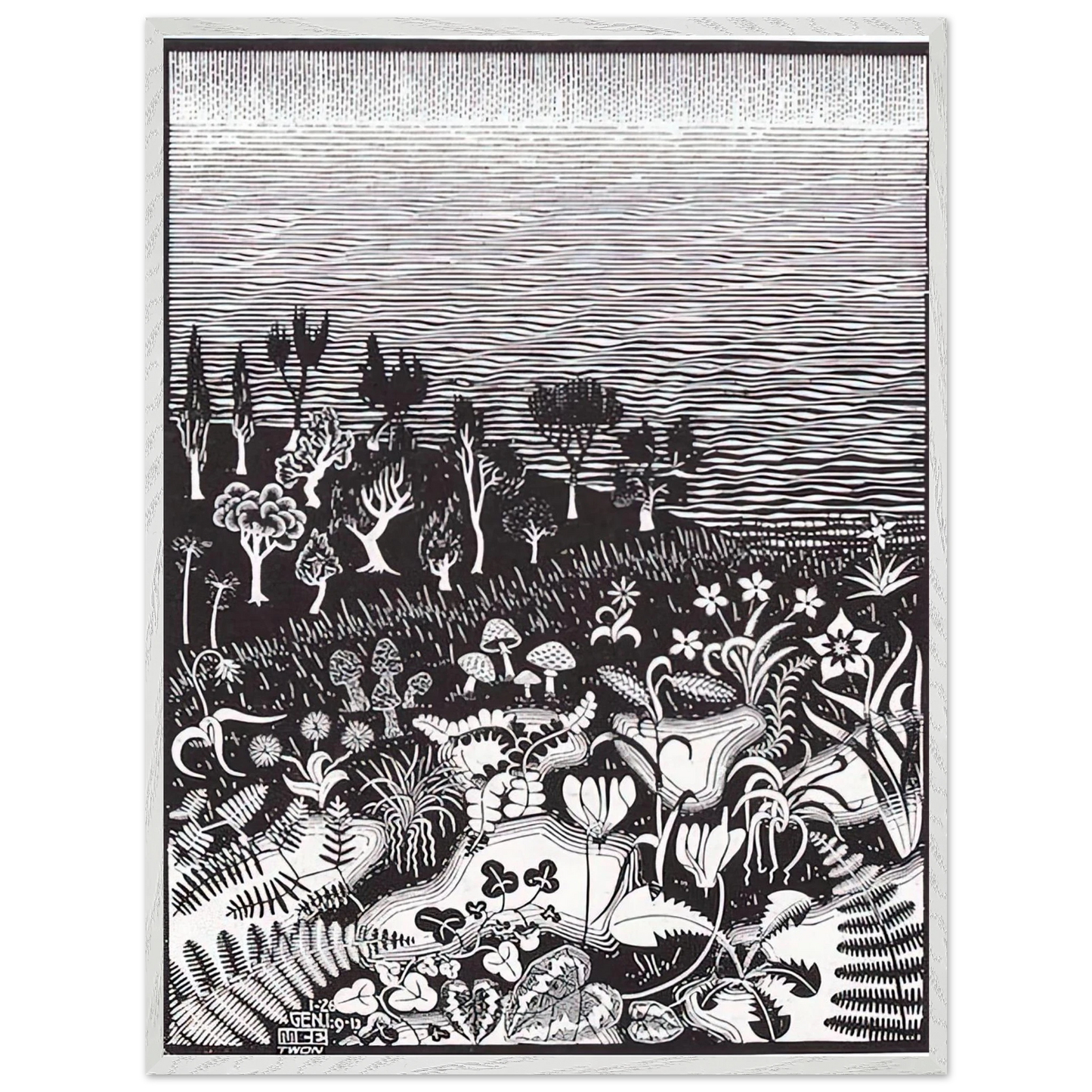 MC Escher - THE 3RD DAY OF THE CREATION Wall Art - 60x80 cm / 24x32 inches - Premium Wooden Framed Poster With Fine Art Paper - Wood frame