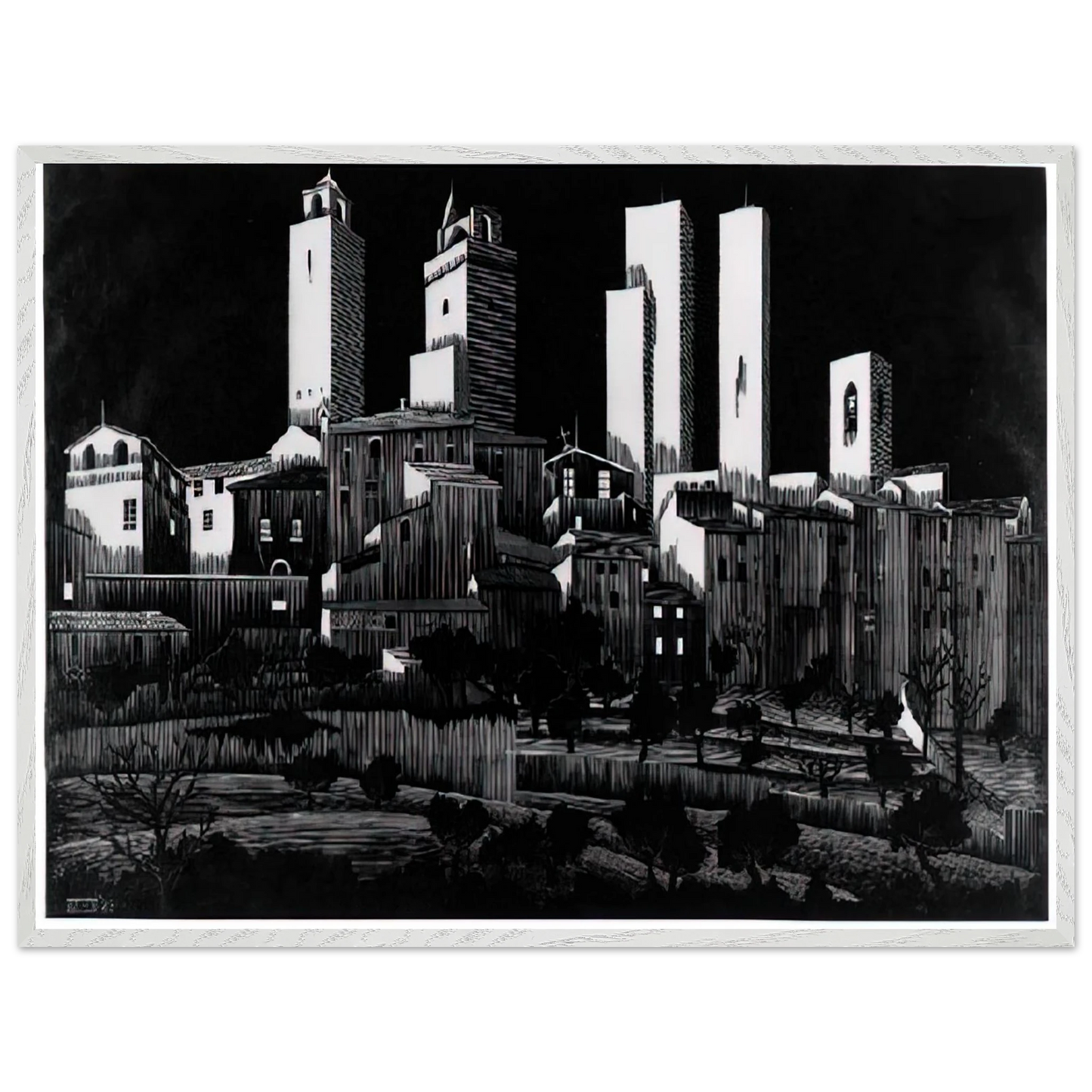 MC Escher - SAN GIMIGNANO Wall Art - 21x29.7 cm / 8x12" - Premium Wooden Framed Poster With Fine Art Paper - Wood frame