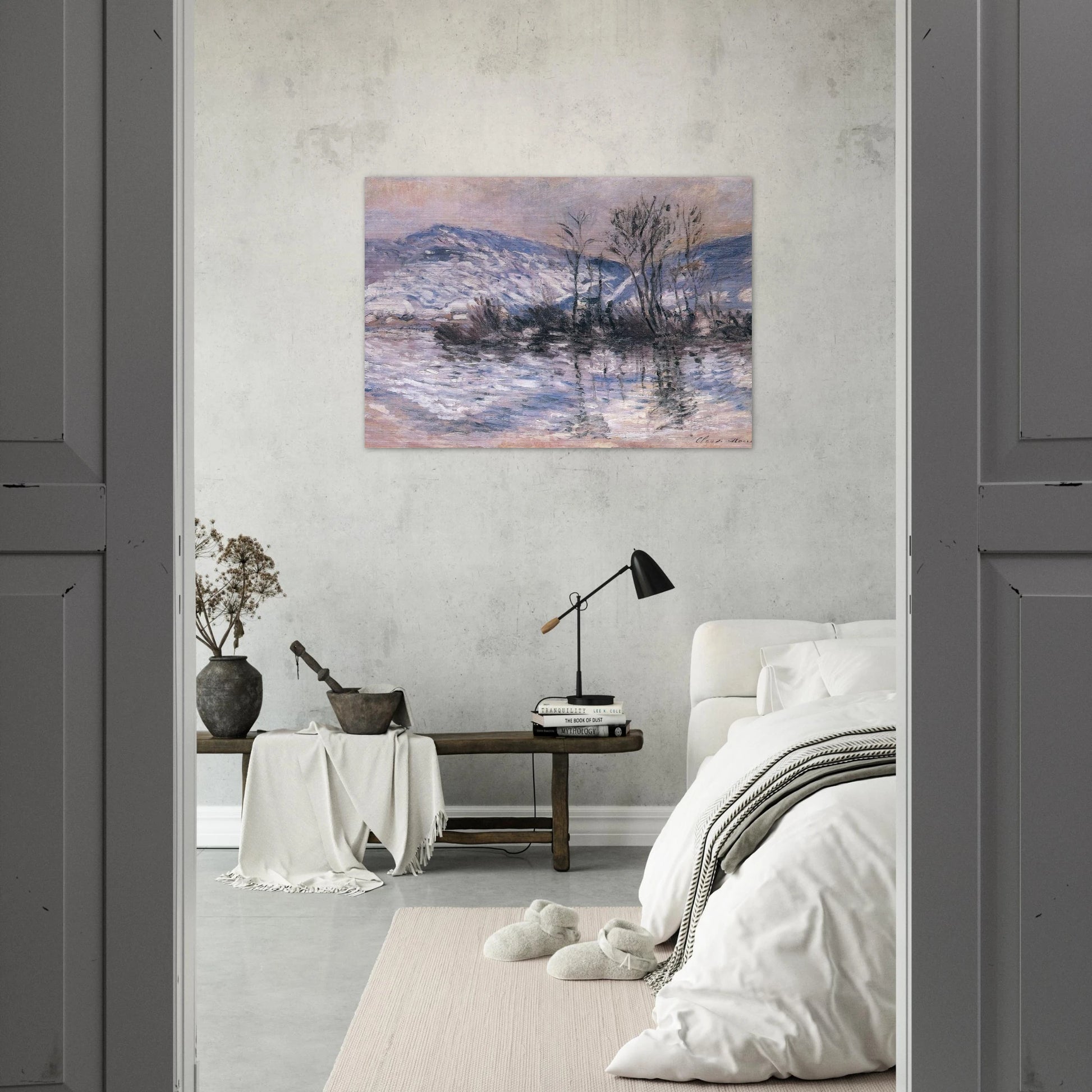 The Seine at Port Villez, Snow Effect 02 - claude monet Brushed Aluminum Print - 70x100 cm / 28x40 inches | claude monet Aluminum Print | claude monet Prints