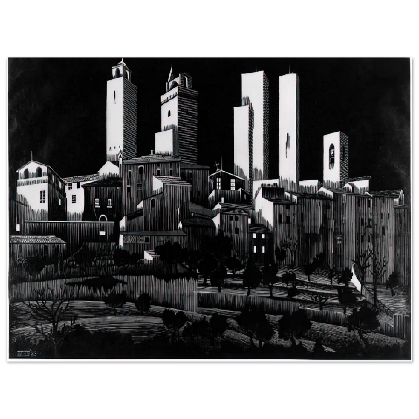 MC Escher - SAN GIMIGNANO Wall Art - 30x40 cm / 12x16 inches - Premium Wooden Framed Poster With Fine Art Paper - Black frame