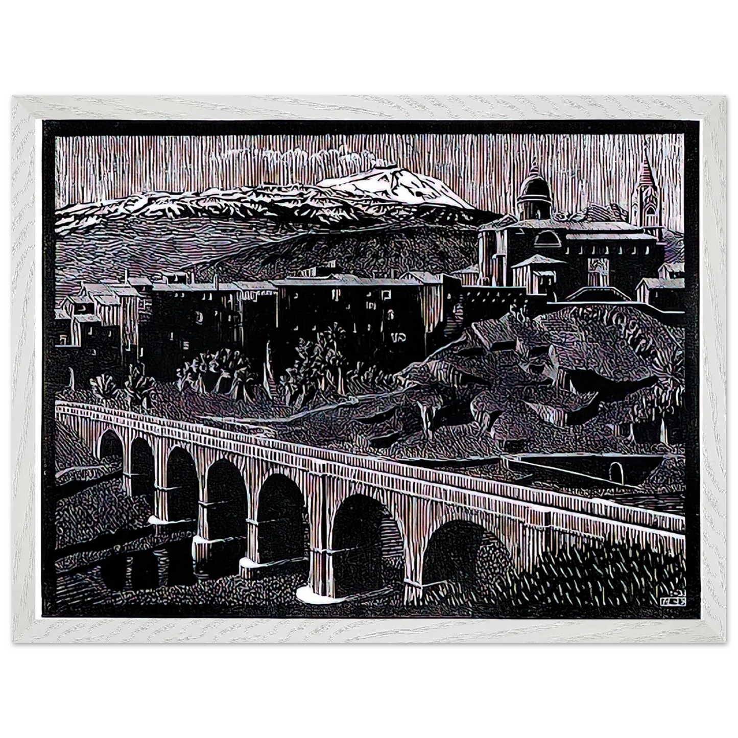 MC Escher - RANDAZZO AND MOUNT ETNA SICILY JANUARY 1933 1933 Wall Art - 21x29.7 cm / 8x12" - Premium Wooden Framed Poster With Fine Art Paper - White frame
