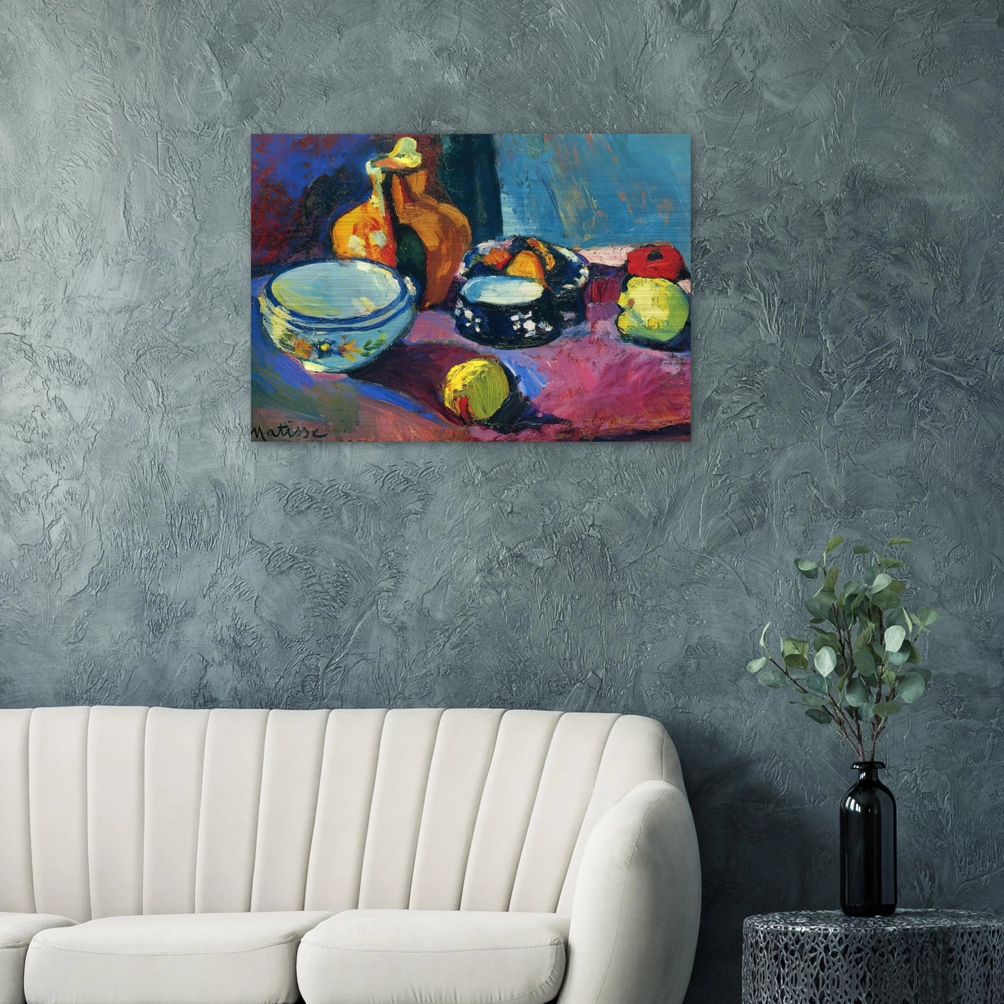 DISHES AND FRUIT ON A RED AND BLACK CARPET 1901 - Henri Matisse Brushed Aluminum Print - 70x100 cm / 28x40 inches | Henri Matisse Aluminum Print | Henri Matisse Prints